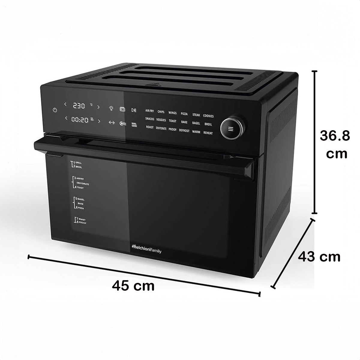 Czarny piekarnik Melchioni Family z cyfrowym wyświetlaczem i różnymi funkcjami gotowania, wyświetlane są wymiary.
