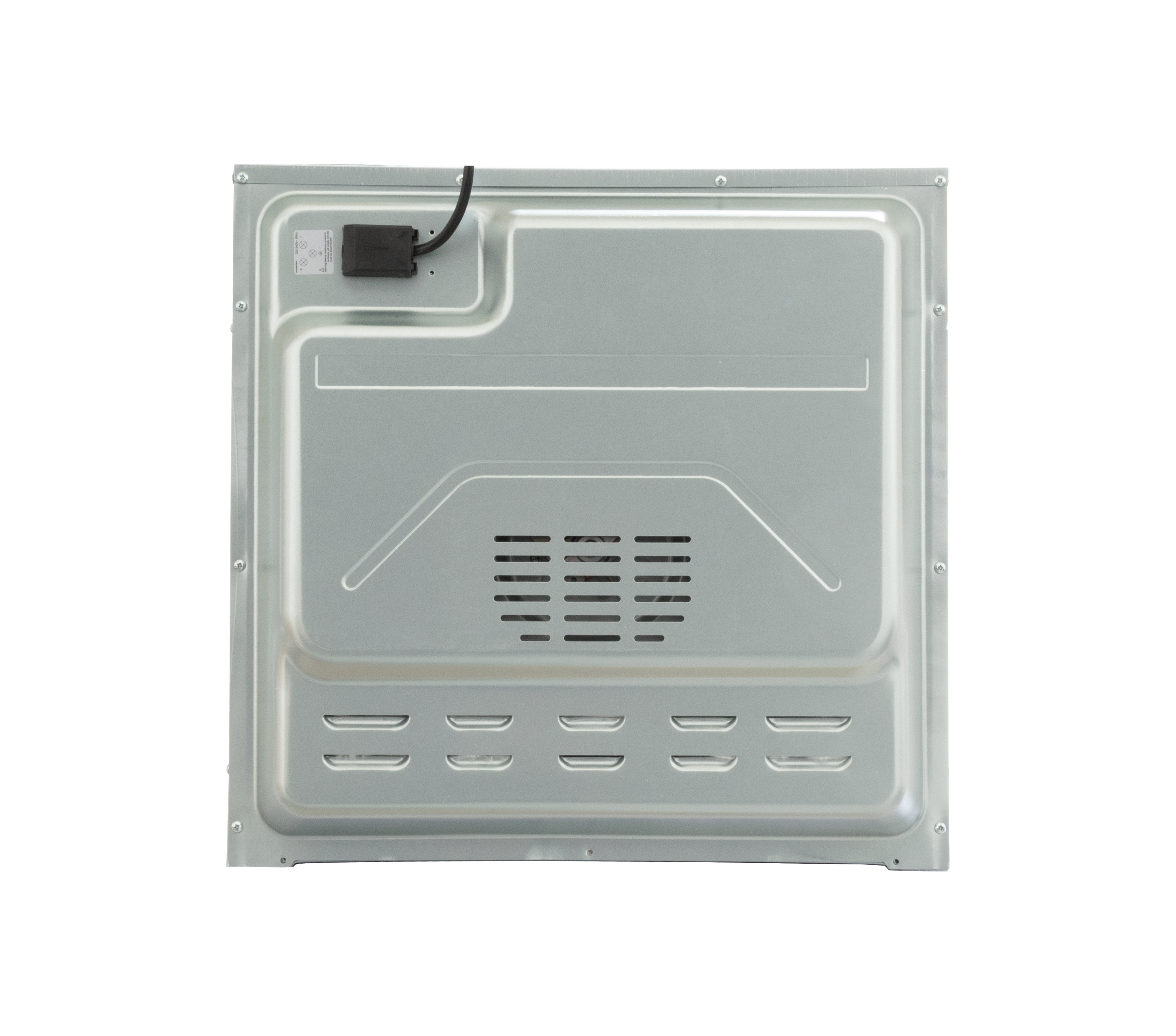 Achteraanzicht van een zilveren oven. Het heeft een ventilatieopening, verschillende horizontale lijnen en een zwarte doos met een kabel.