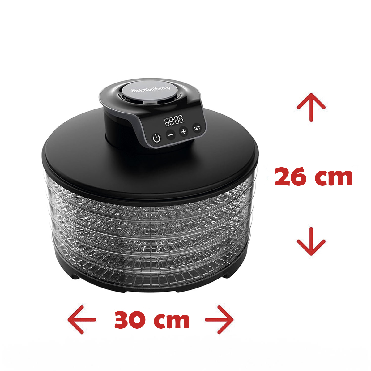 Deshidratador de alimentos negro con pantalla digital, dimensiones: 30 cm ancho, 26 cm alto. Bandejas transparentes.