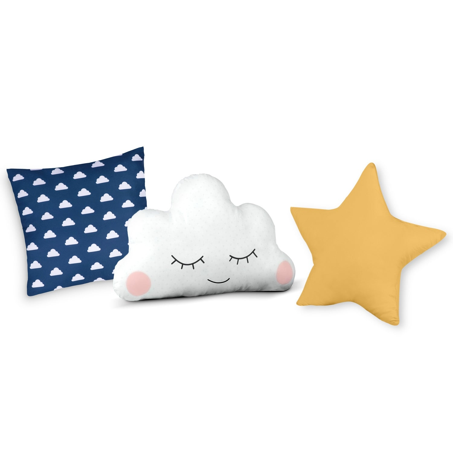 Tres almohadas sobre fondo blanco: un cuadrado azul con nubes, una nube blanca con ojos y una estrella amarilla.