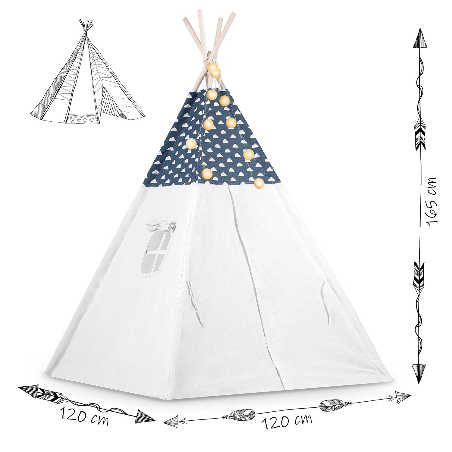 Tipi blanco con parte superior de nubes azules, luces de hadas y dimensiones marcadas. También se muestra un dibujo de contorno.