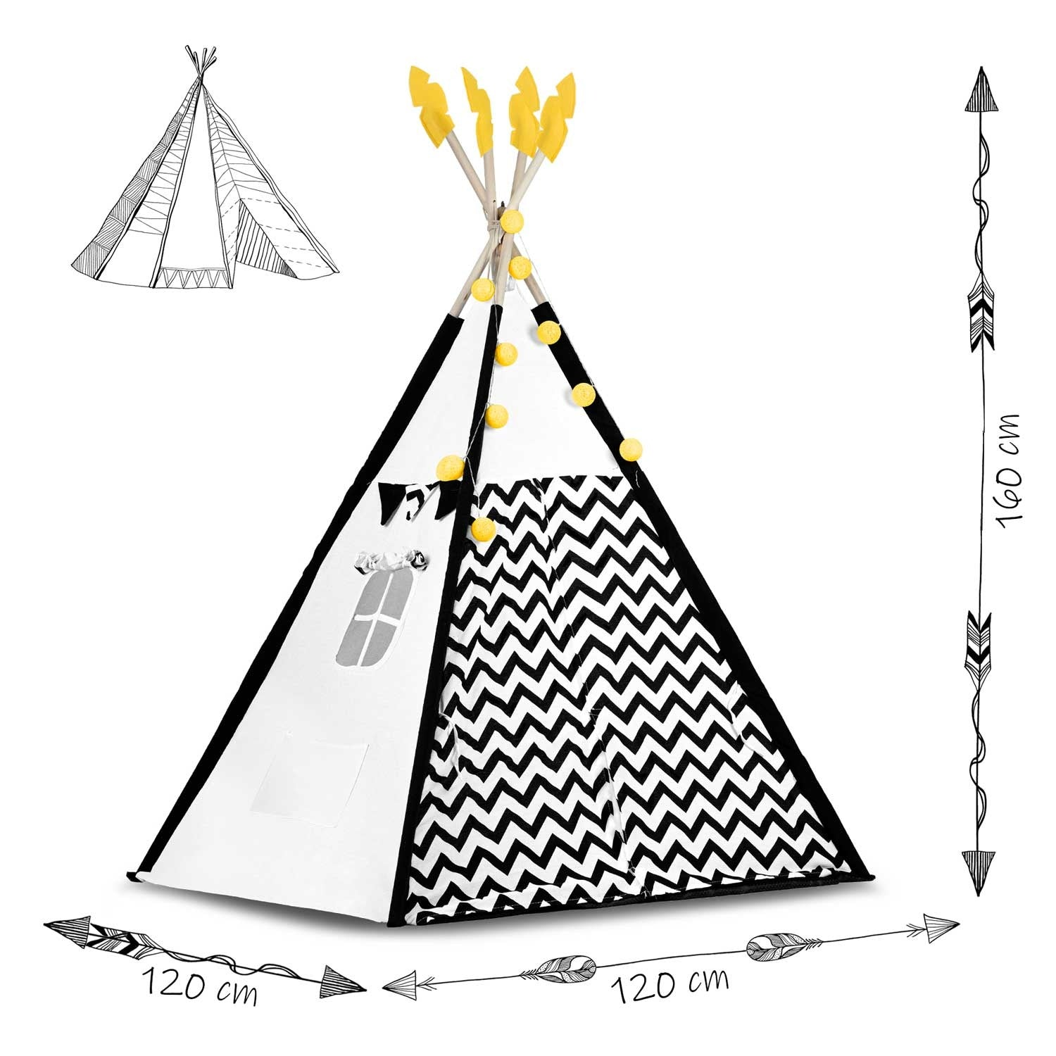 Una tienda tipi con patrones de zigzag en blanco y negro. También se ven luces amarillas y flechas decorativas, con medidas indicadas.