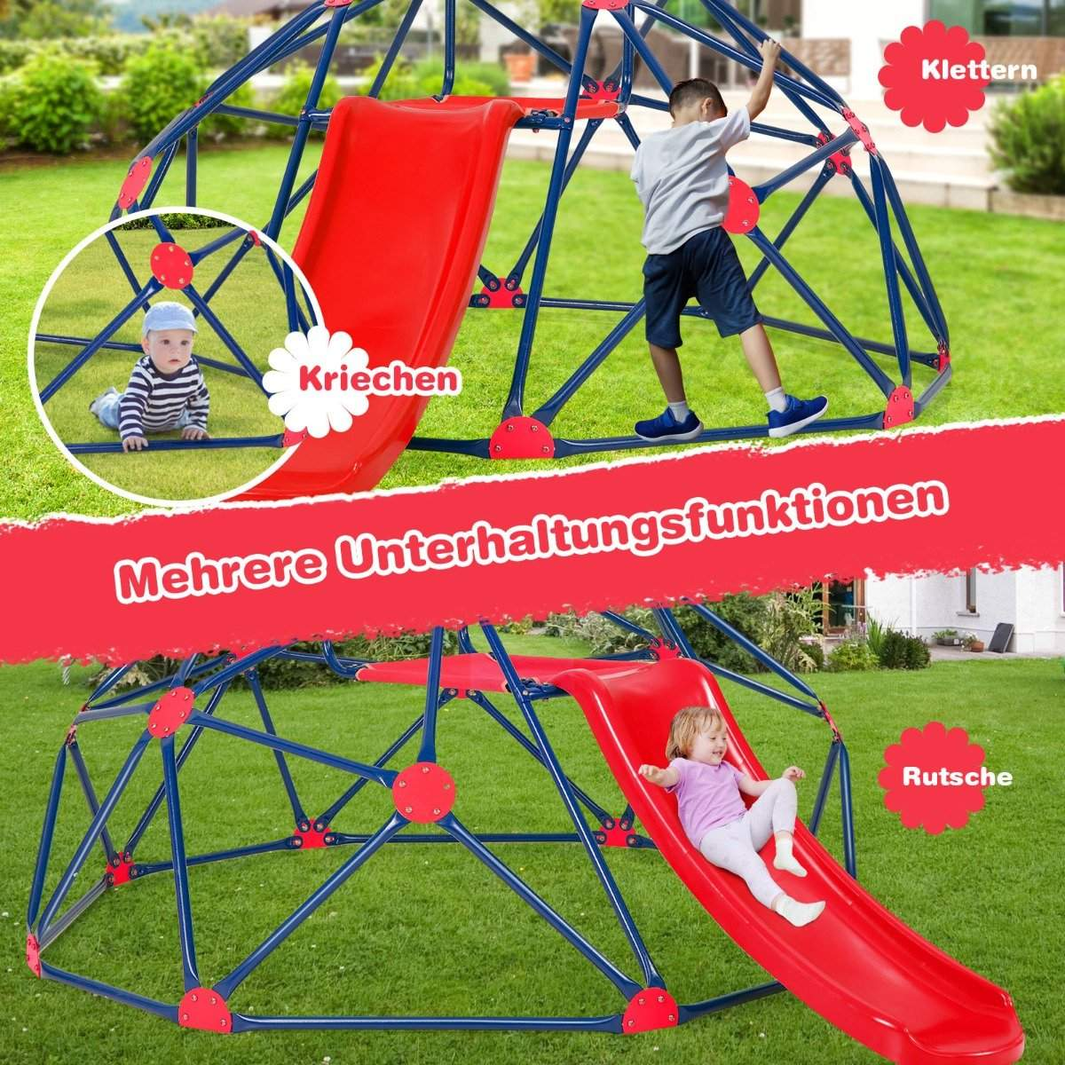 Un parque infantil con una cúpula azul, un tobogán rojo y niños jugando. Un bebé gatea, un niño trepa y una niña se desliza. Hierba verde en el fondo.
