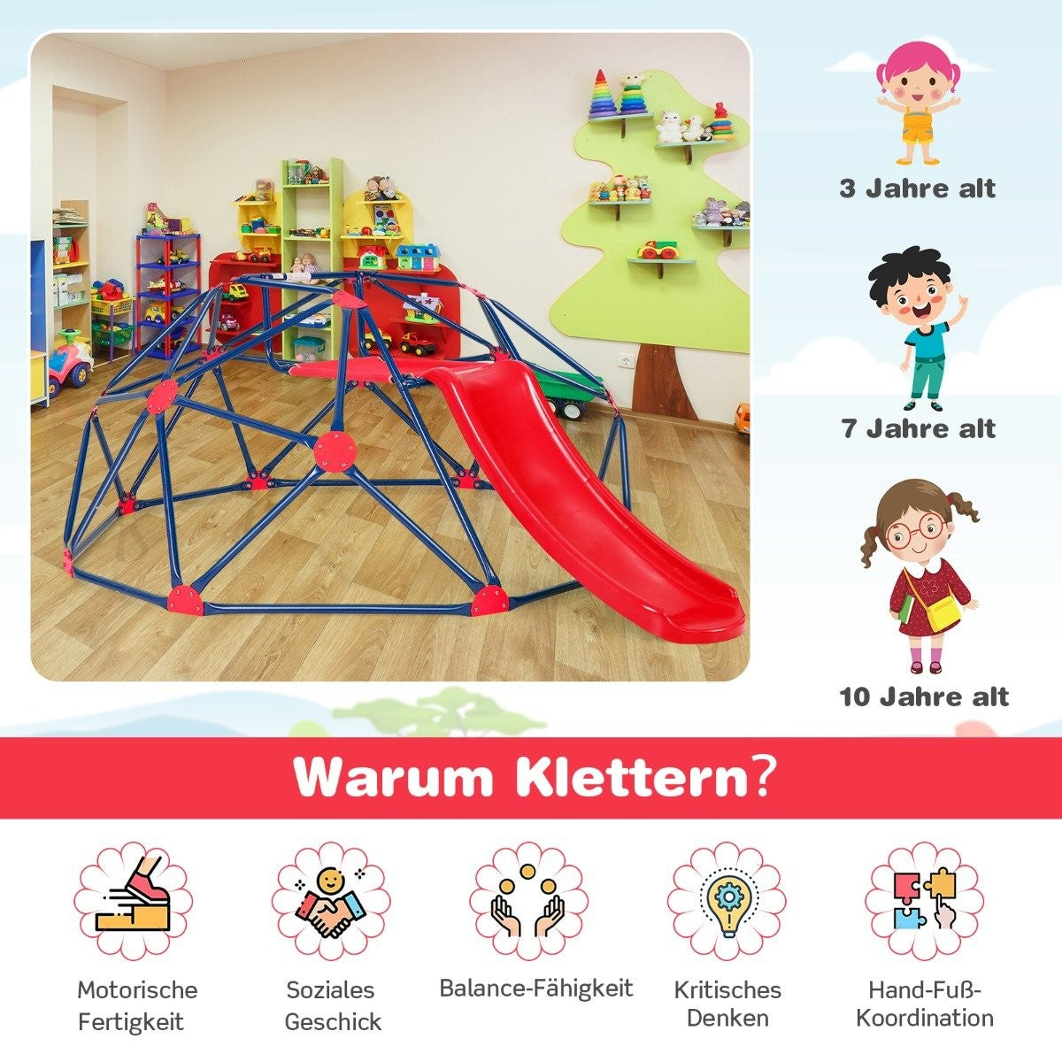 Un parque infantil con cúpula de escalada y tobogán. Ilustraciones muestran niños de 3, 7 y 10 años. Beneficios: motricidad, habilidades sociales, equilibrio.