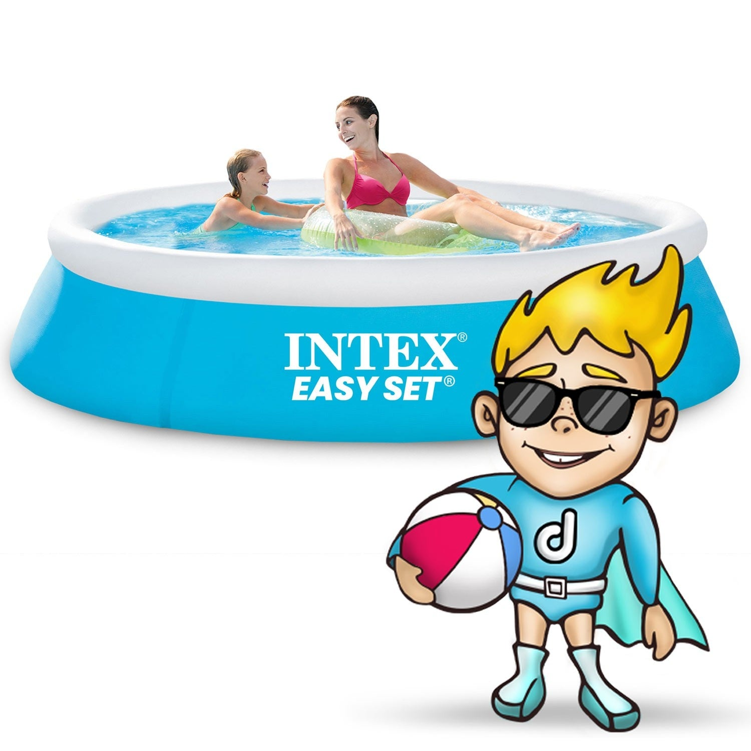 Una piscina con dos personas dentro y un niño de dibujos animados sosteniendo un balón de playa.
