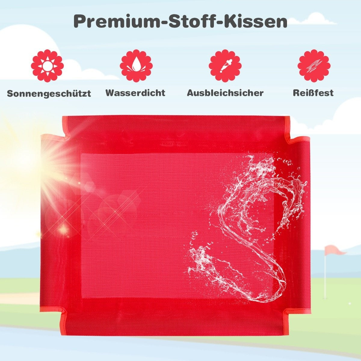 Cojín rojo con salpicaduras de agua. Arriba dice 'Premium-Stoff-Kissen'. Íconos con textos: protegido del sol, impermeable, resistente a la decoloración, resistente al desgarro.