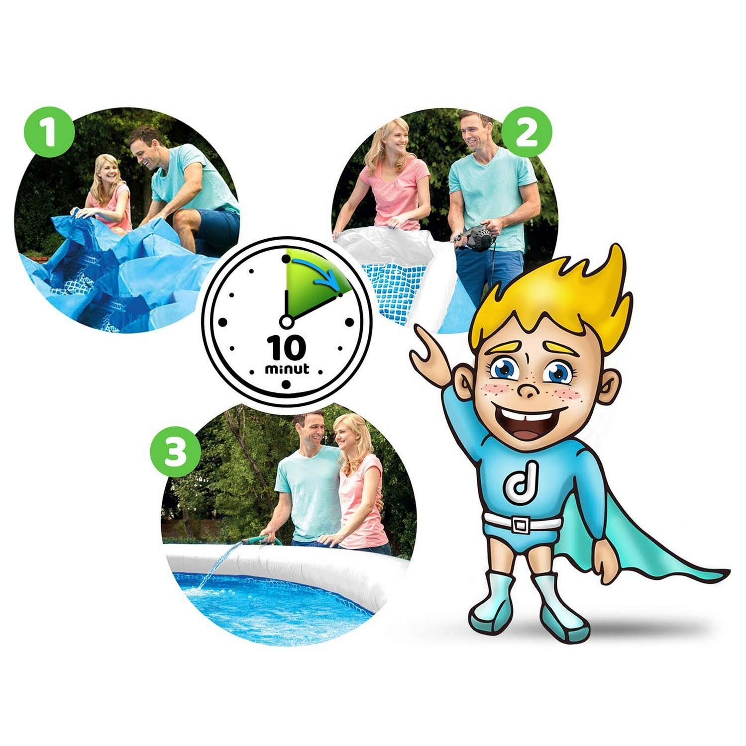 La imagen muestra los pasos para instalar una piscina: personas montando, usando herramientas y llenando con agua. Un dibujo animado señala los pasos.