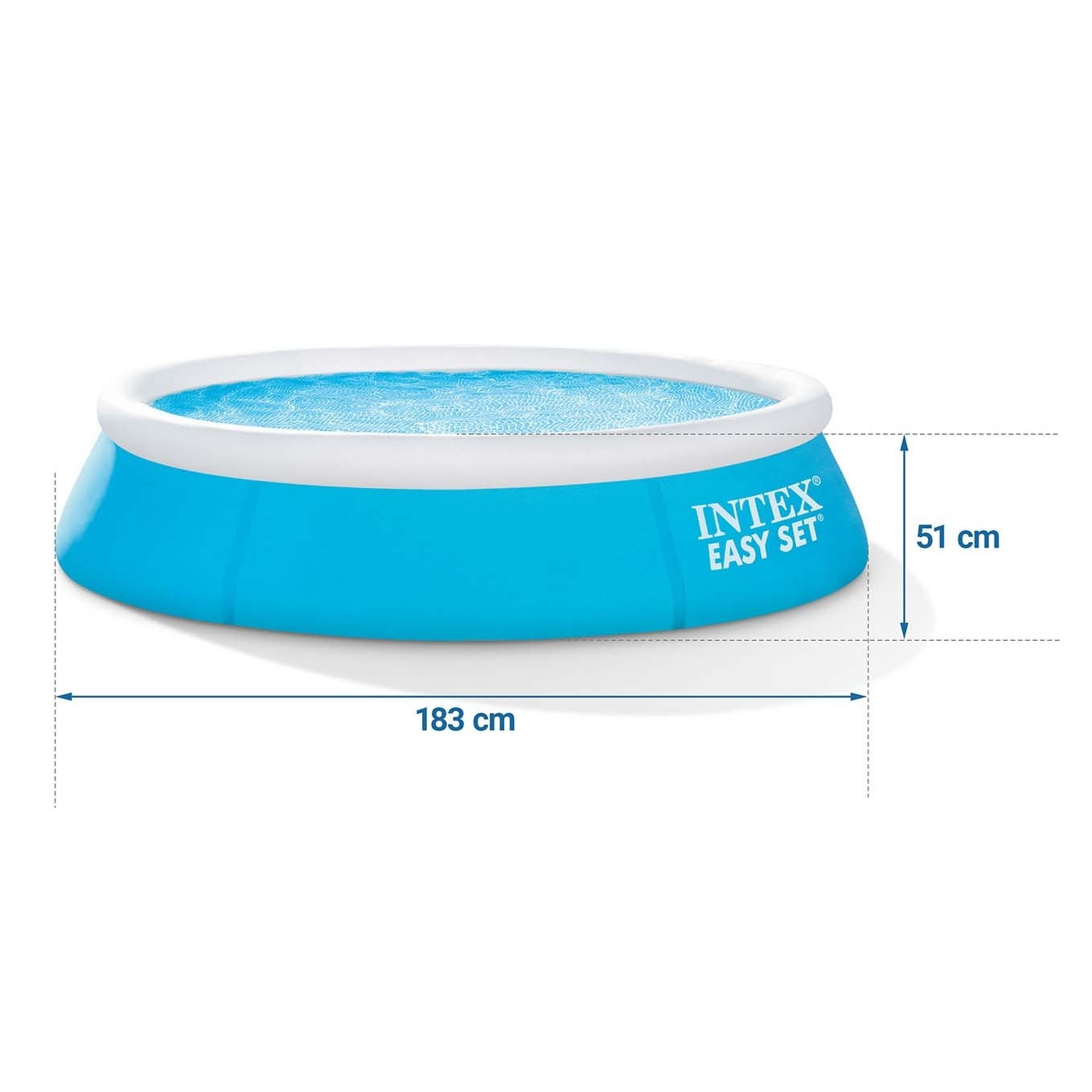 Una piscina inflable azul con borde blanco, etiquetada 'Intex Easy Set', dimensiones 183 cm x 51 cm, sobre fondo blanco.