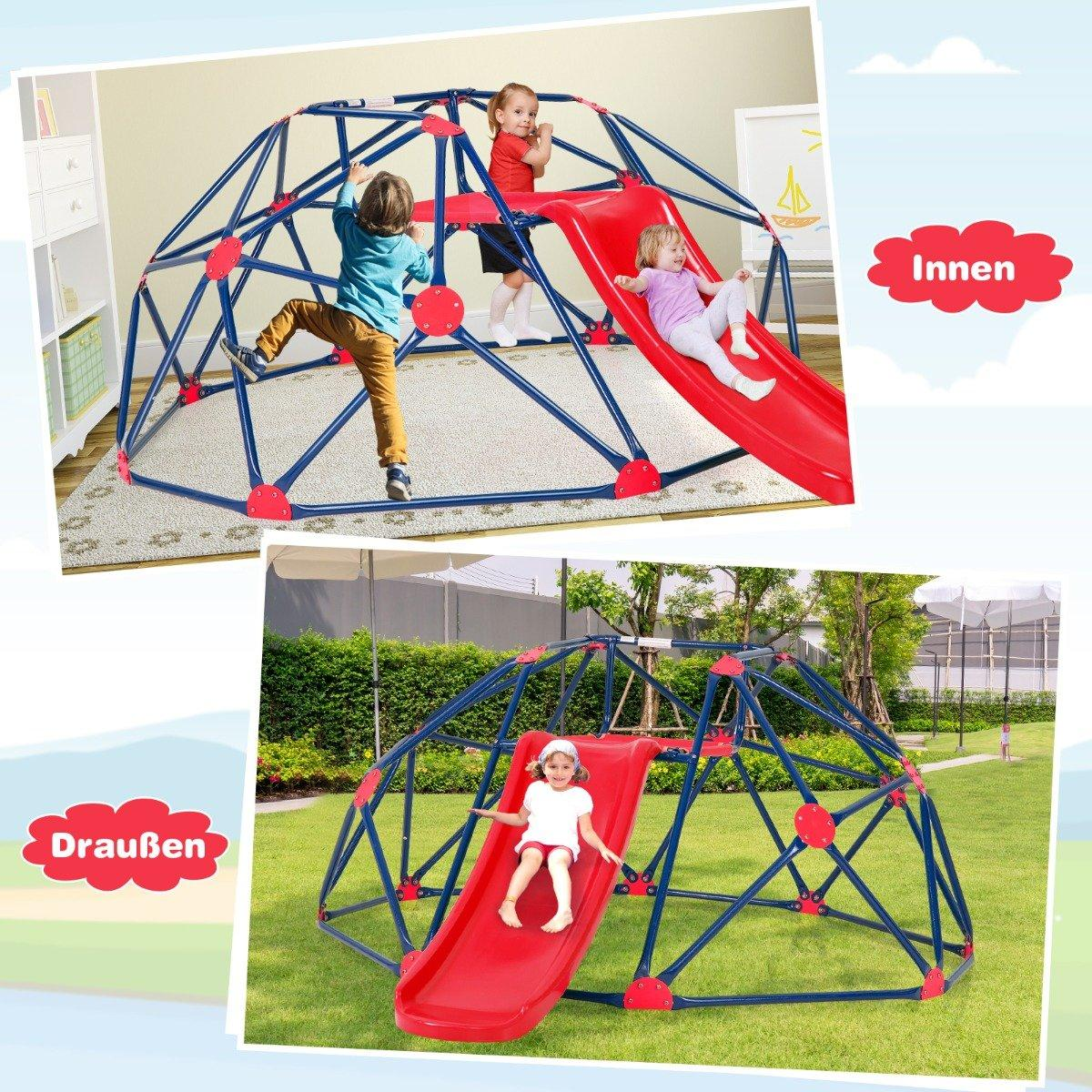 Dos escenas: Niños jugando en un trepador de cúpula azul y rojo con tobogán, uno dentro y otro fuera sobre hierba.