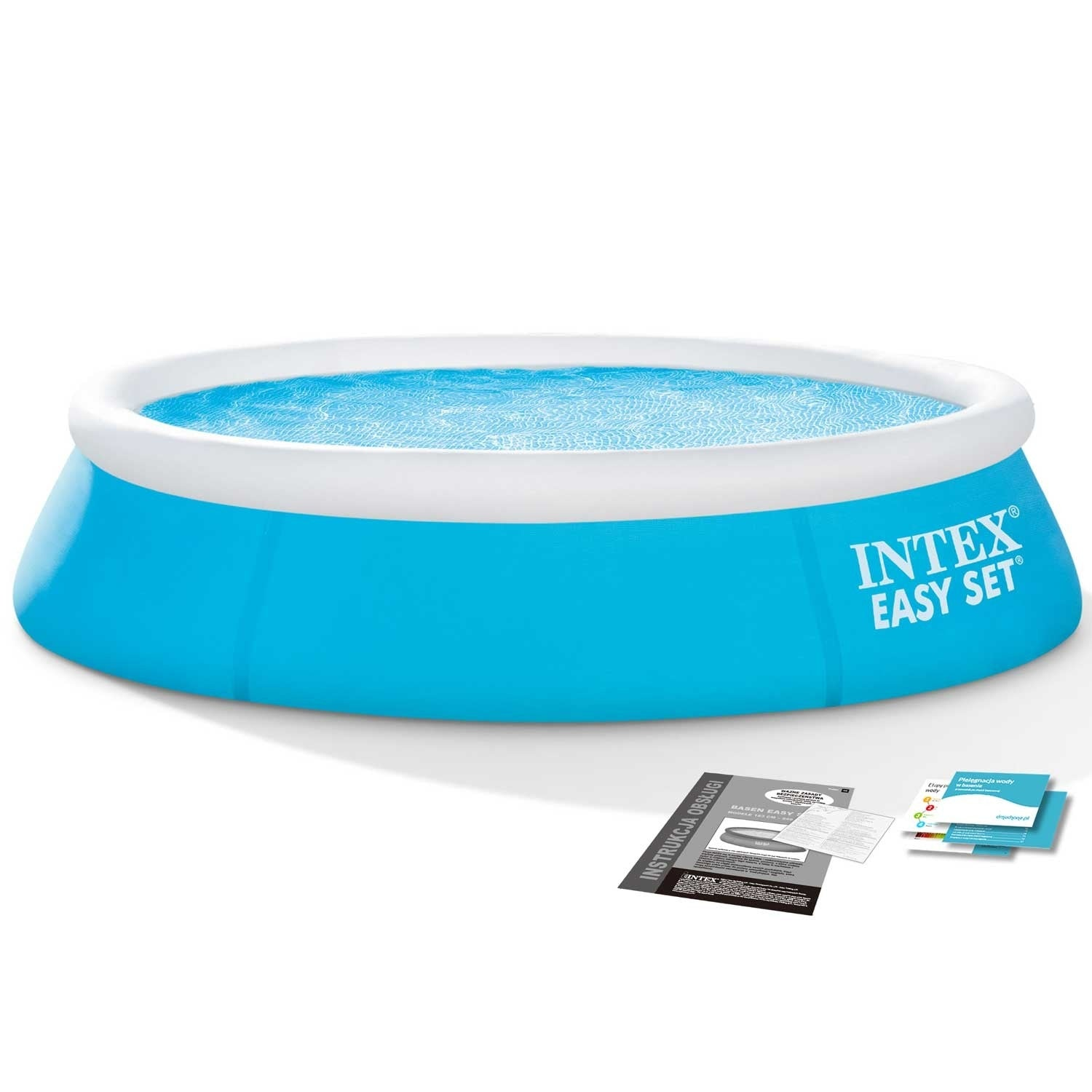 Una piscina inflable azul llena de agua, borde blanco, y documentos en el suelo. La piscina está etiquetada como 'Easy Set'.