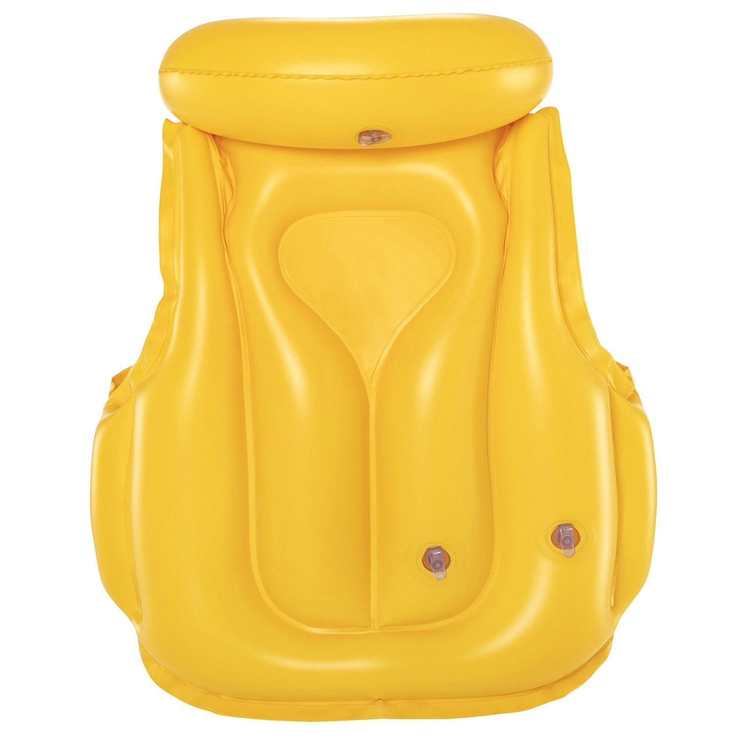 Un chaleco salvavidas inflable amarillo brillante. Tiene un reposacabezas y dos válvulas transparentes. El chaleco está sobre un fondo blanco.