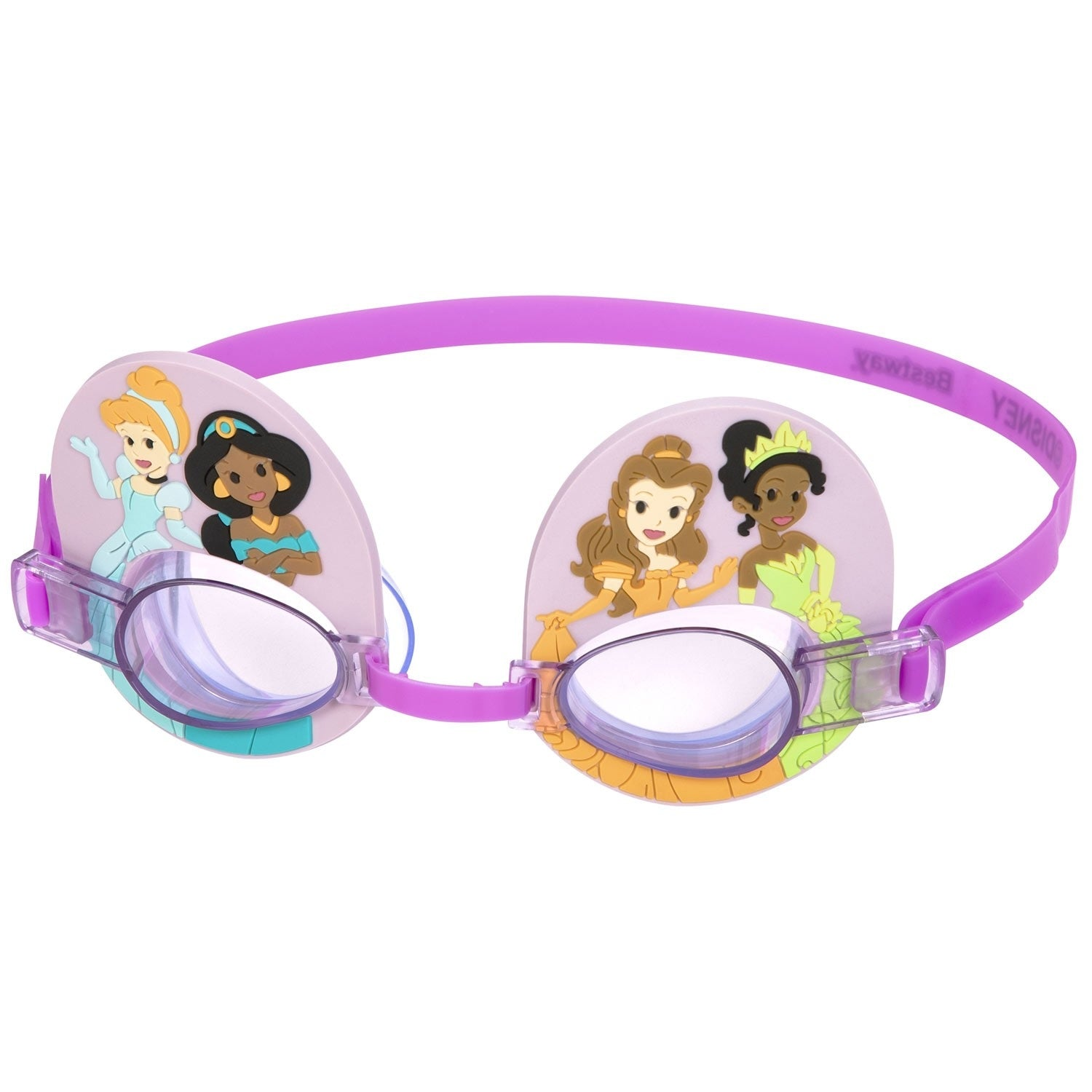 Gafas de natación con princesas Disney. Correa y monturas moradas con ilustraciones de Cenicienta, Jasmine, Bella y Tiana.