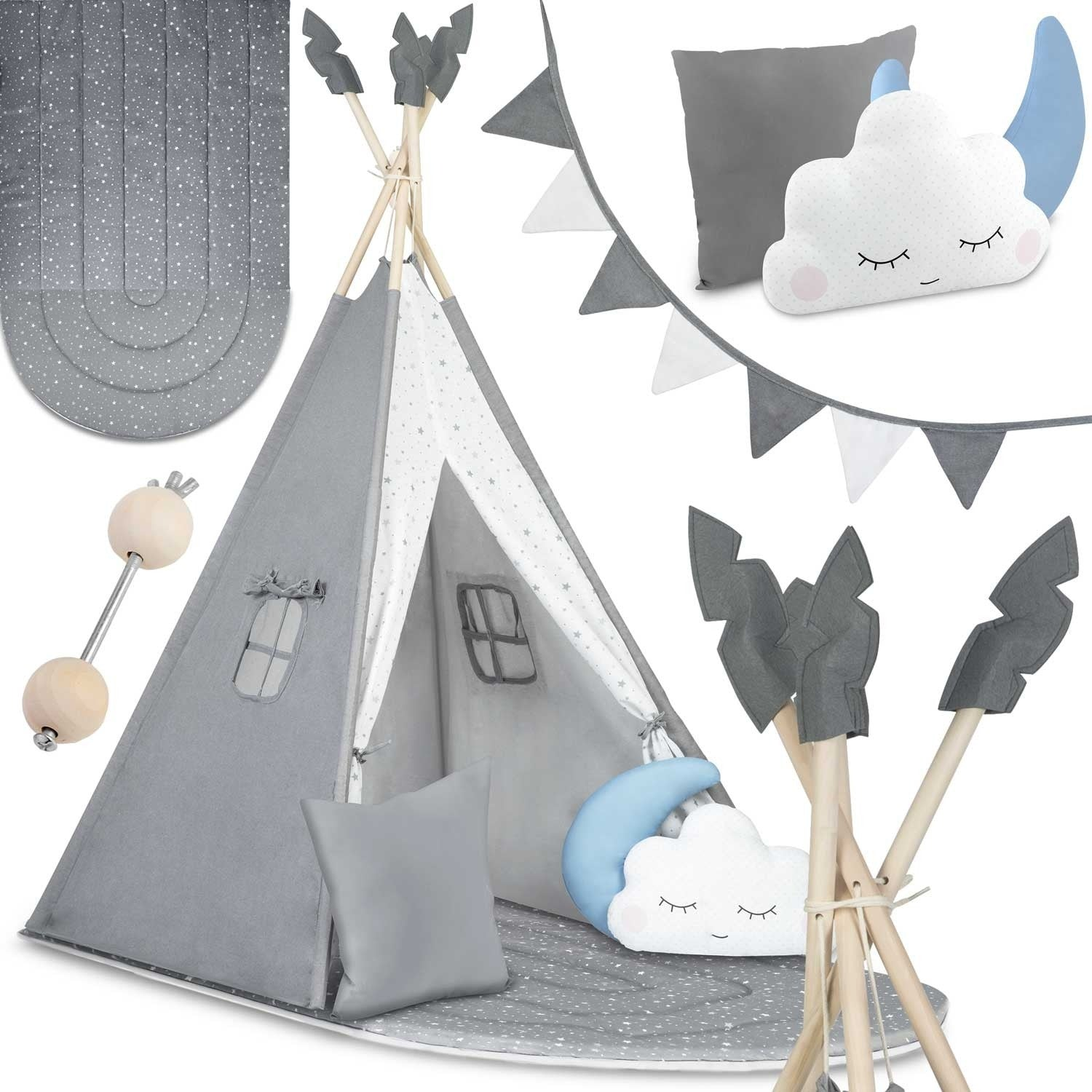 Una tienda tipi gris con detalles de estrellas, una almohada gris, almohadas de nube y luna, una pancarta gris y blanca y un juguete de madera.