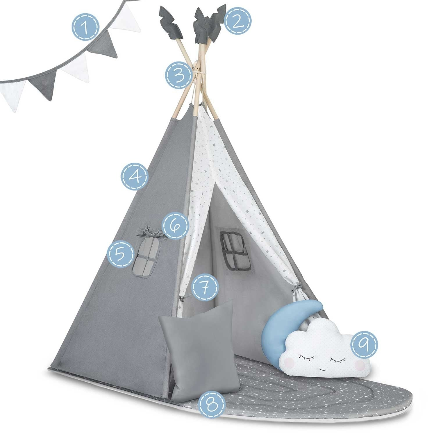 Una tienda tipi gris con interior estampado de estrellas. Una almohada de nube y luna, además de almohadas y una alfombra grises en el interior.