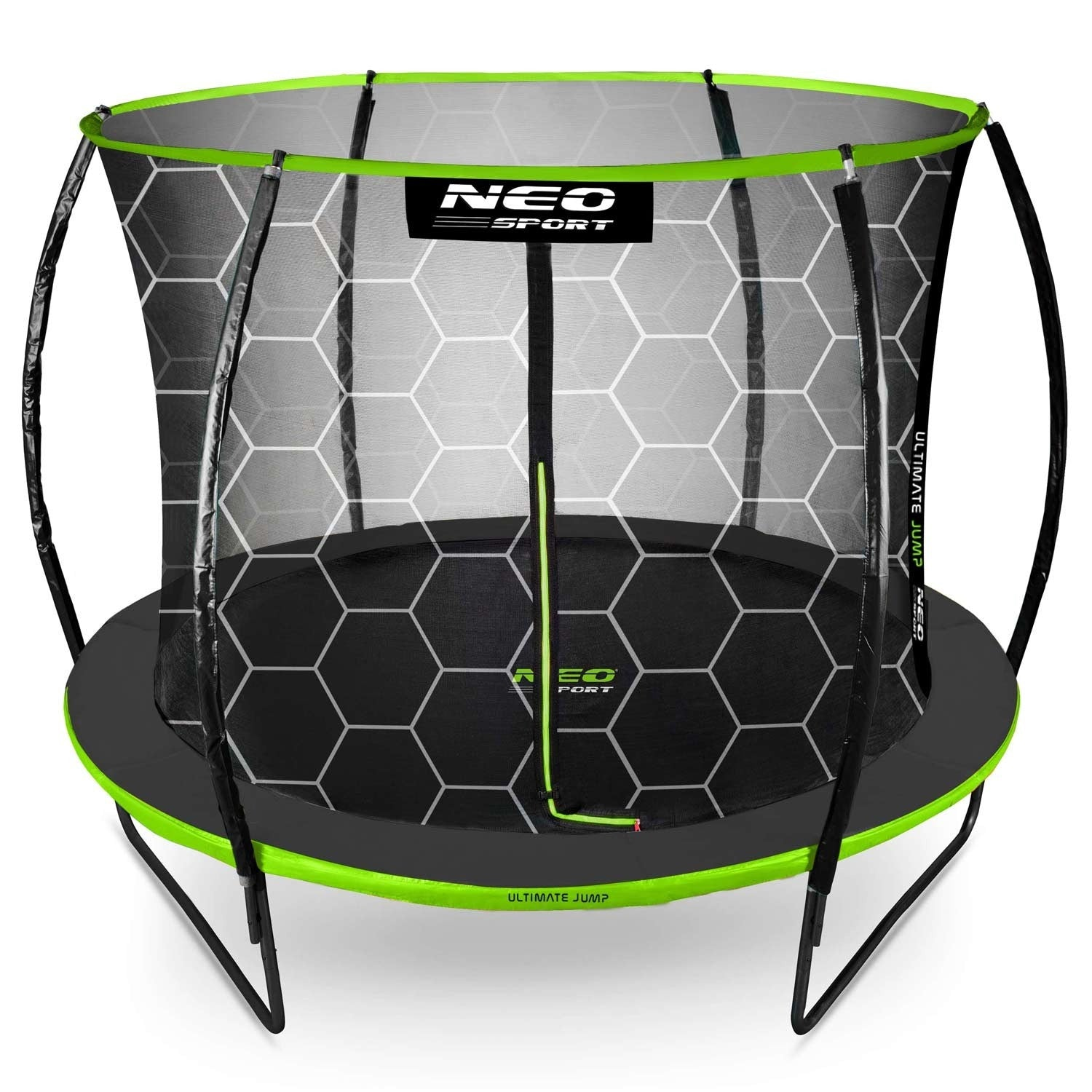 Un trampolín con marco negro y verde. Tiene una red de seguridad con patrón de panal. La marca "NEO SPORT" es visible.