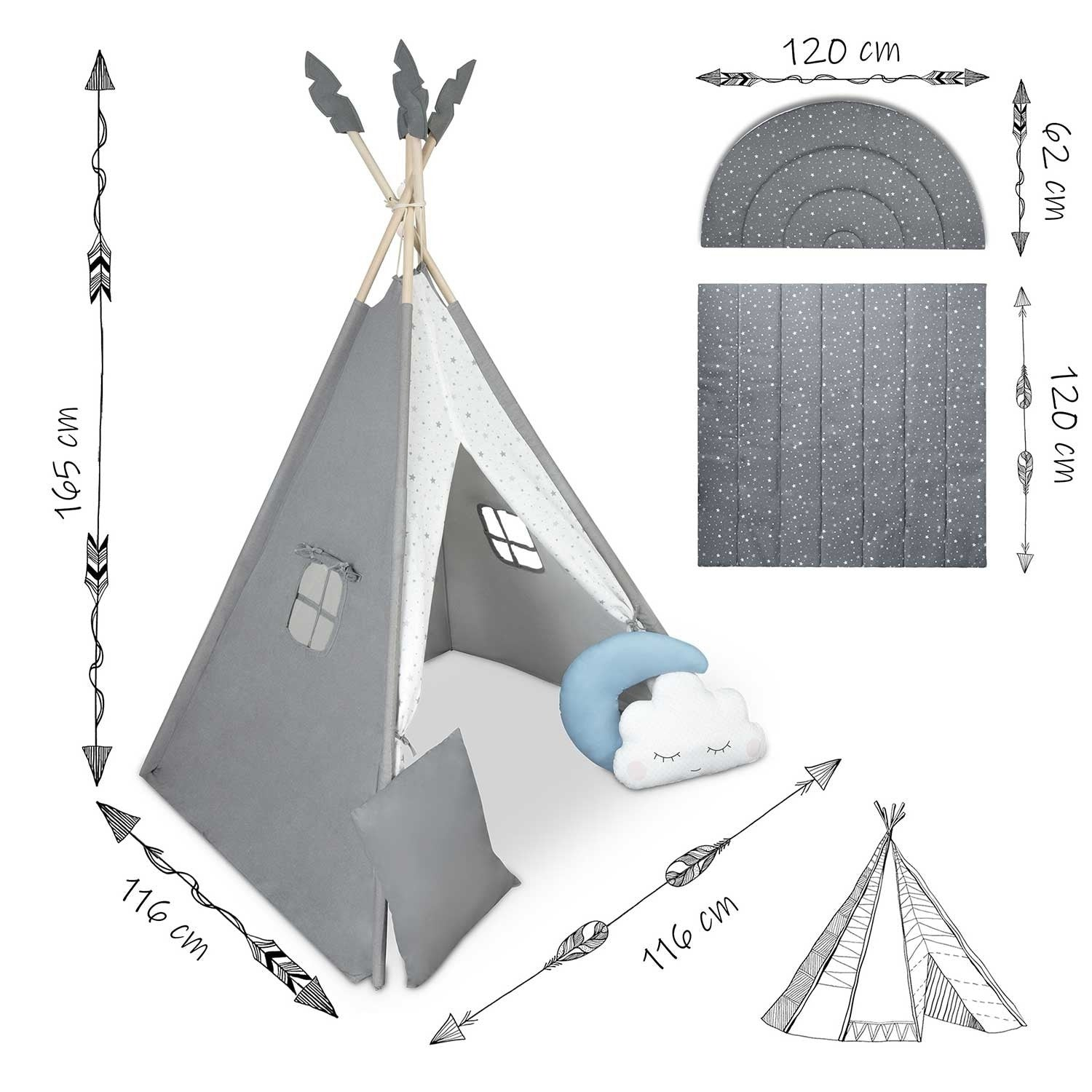 Una tienda tipi gris con dimensiones. Incluye una almohada de media luna y una de nube. Se proporcionan dimensiones.