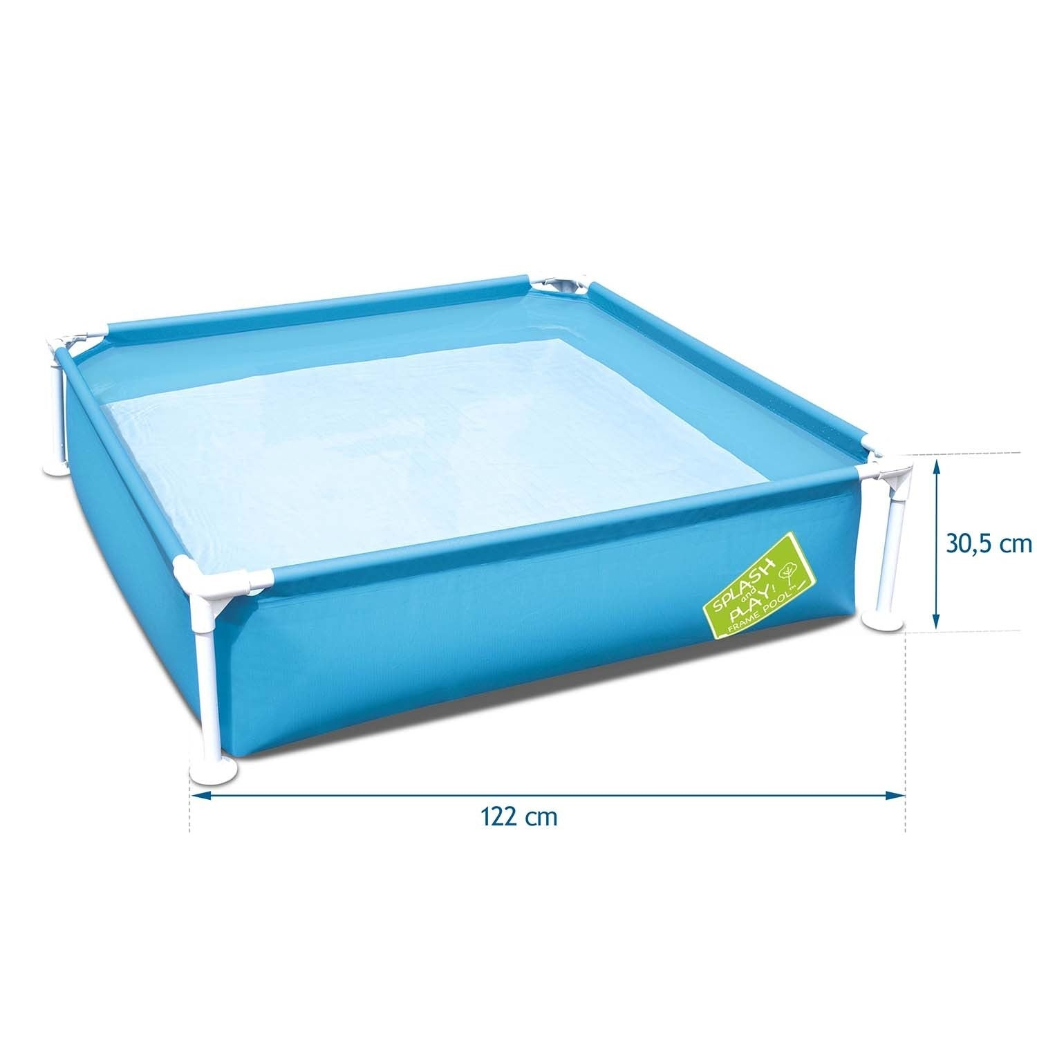 Una piscina rectangular azul Splash and Play. Las dimensiones son 122 cm de ancho y 30,5 cm de alto. Patas de soporte blancas.