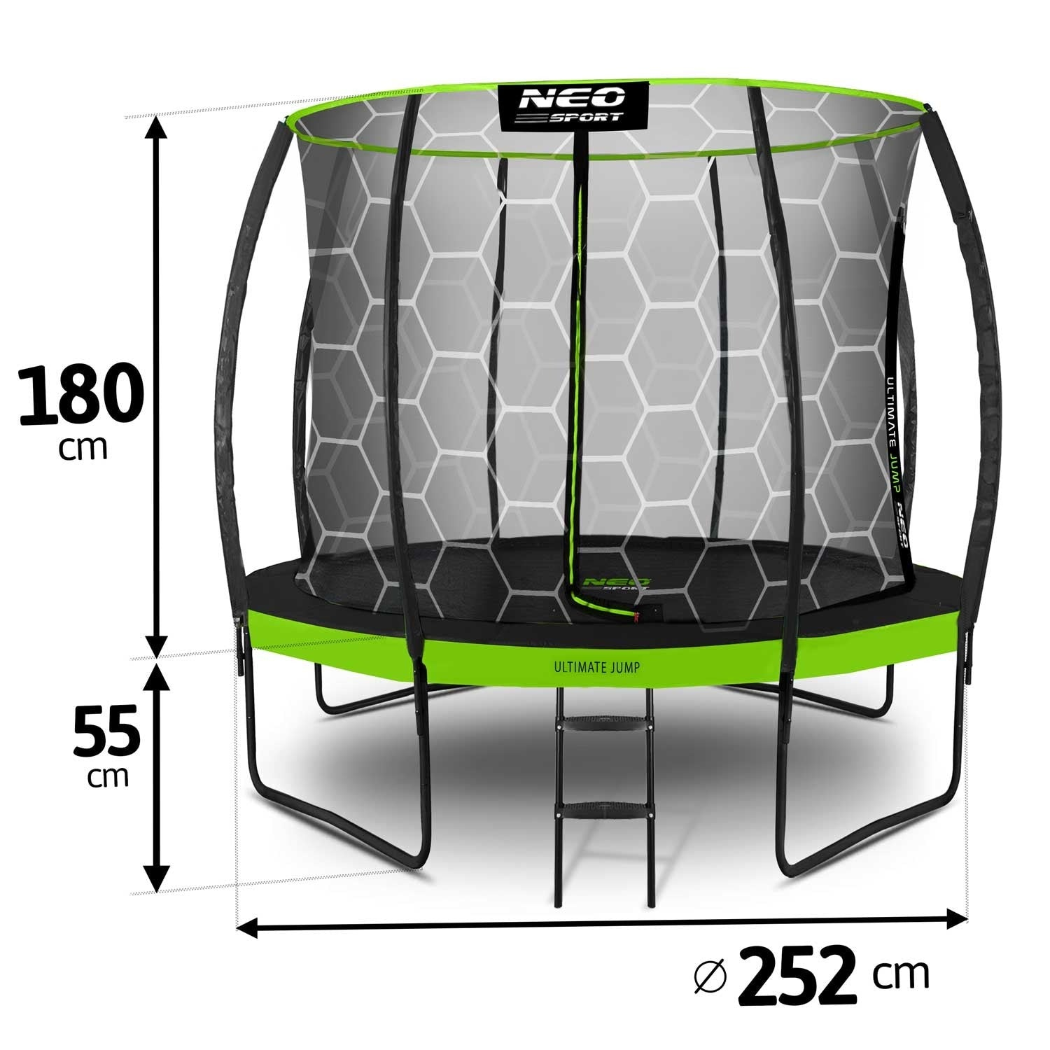 Un trampolín verde y negro con red de seguridad. Las dimensiones son: altura 180 cm, diámetro 252 cm y altura 55 cm.