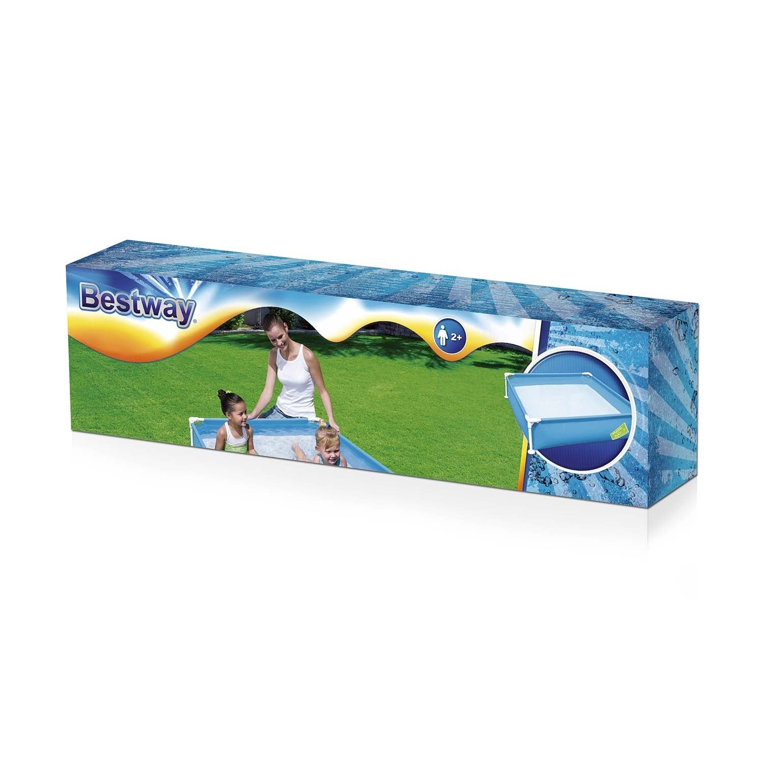 La caja muestra una piscina Bestway con una mujer y dos niños. La piscina es azul, los niños están dentro, sobre un césped verde.
