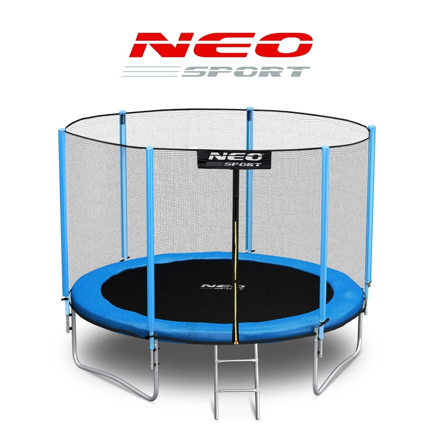 Un trampolín azul NEO Sport con superficie de salto negra y red de seguridad, sobre fondo blanco.