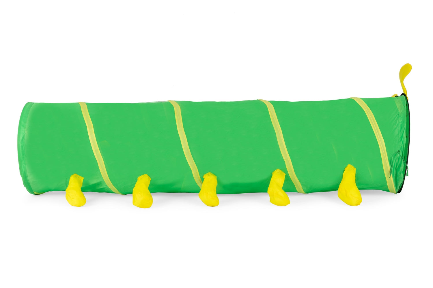 Un tunnel verde con strisce gialle e piedi gialli. È su sfondo bianco.