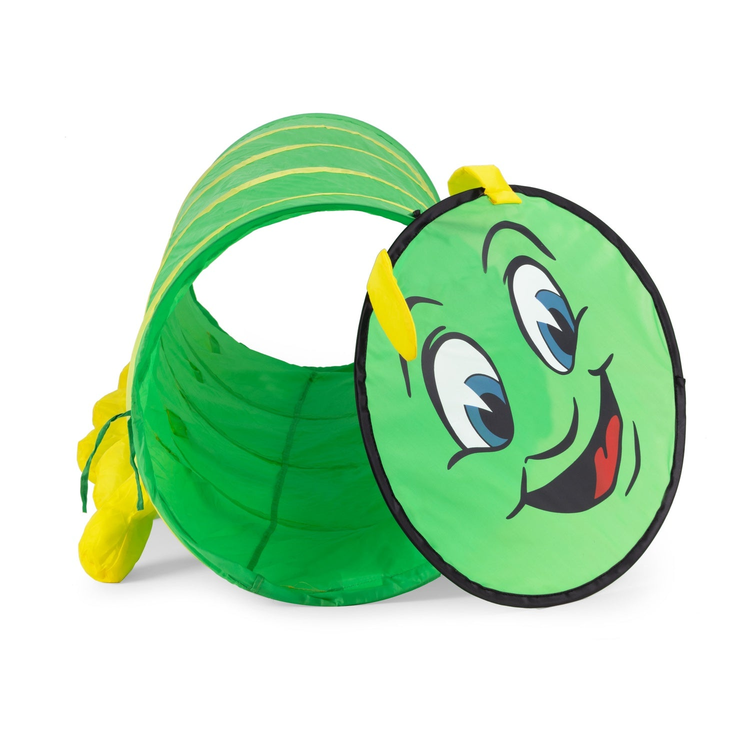 Un tunnel a forma di bruco verde con una faccia sorridente su un'estremità. Accenti gialli e sfondo bianco.