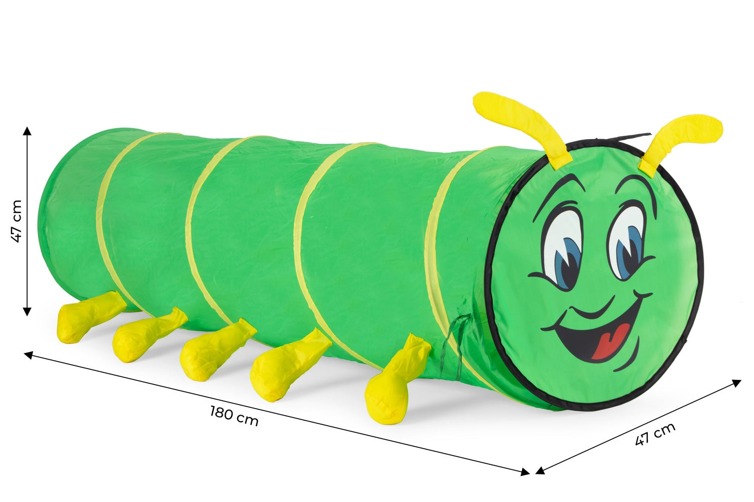 Un tunnel a forma di bruco verde con strisce e zampe gialle. Ha una faccia sorridente con occhi blu e antenne gialle.