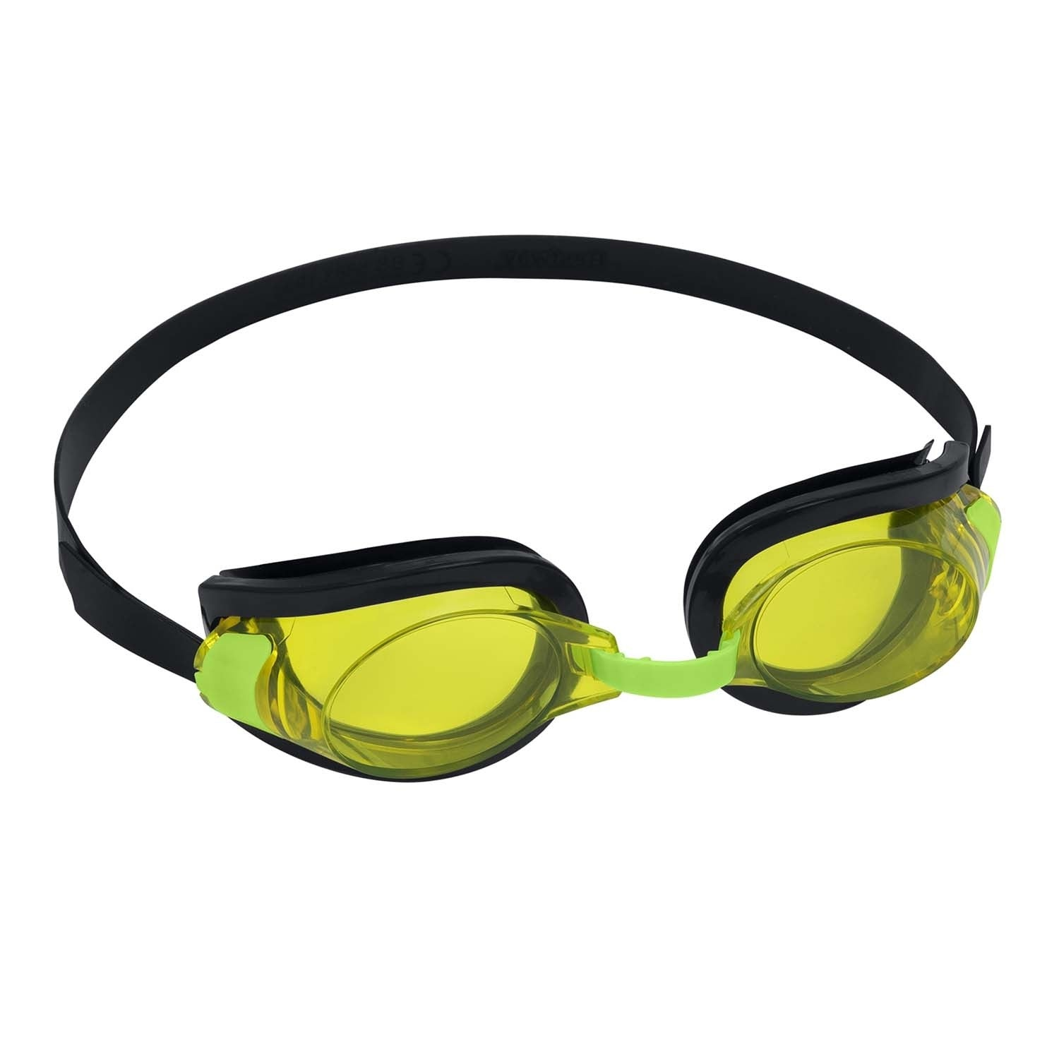 Gafas de natación con lentes amarillos, montura negra y correa negra. El puente y las piezas laterales son verde lima.