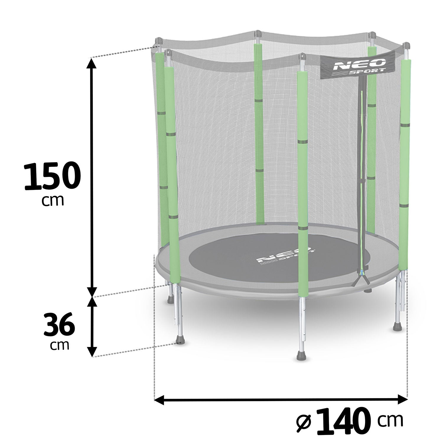 Un trampolín verde y gris con red de seguridad. Dimensiones: 150 cm de alto, 36 cm de altura de base y 140 cm de diámetro.