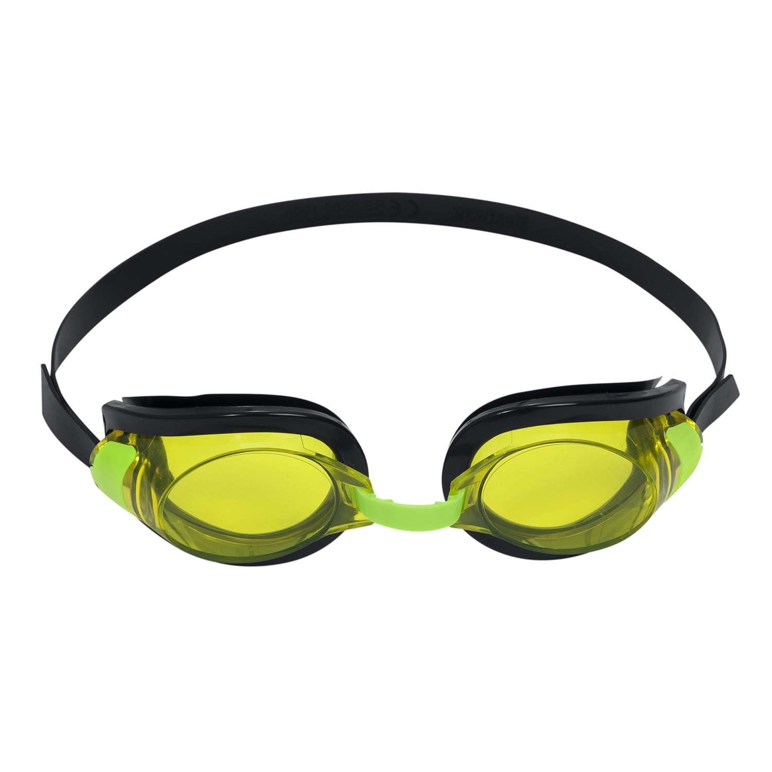Gafas de natación con lentes amarillos, montura y correa negras. Conector verde en el puente nasal.