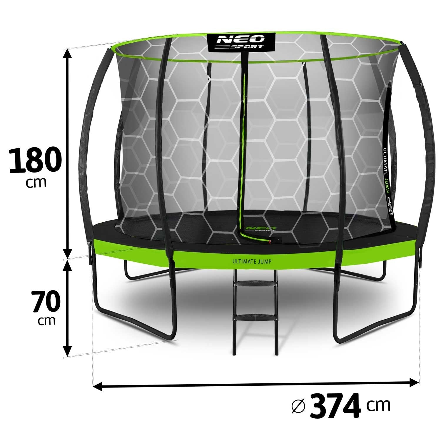 Un trampolín con diseño verde y negro. Tiene una red de seguridad y una escalera. Las dimensiones están marcadas en cm.