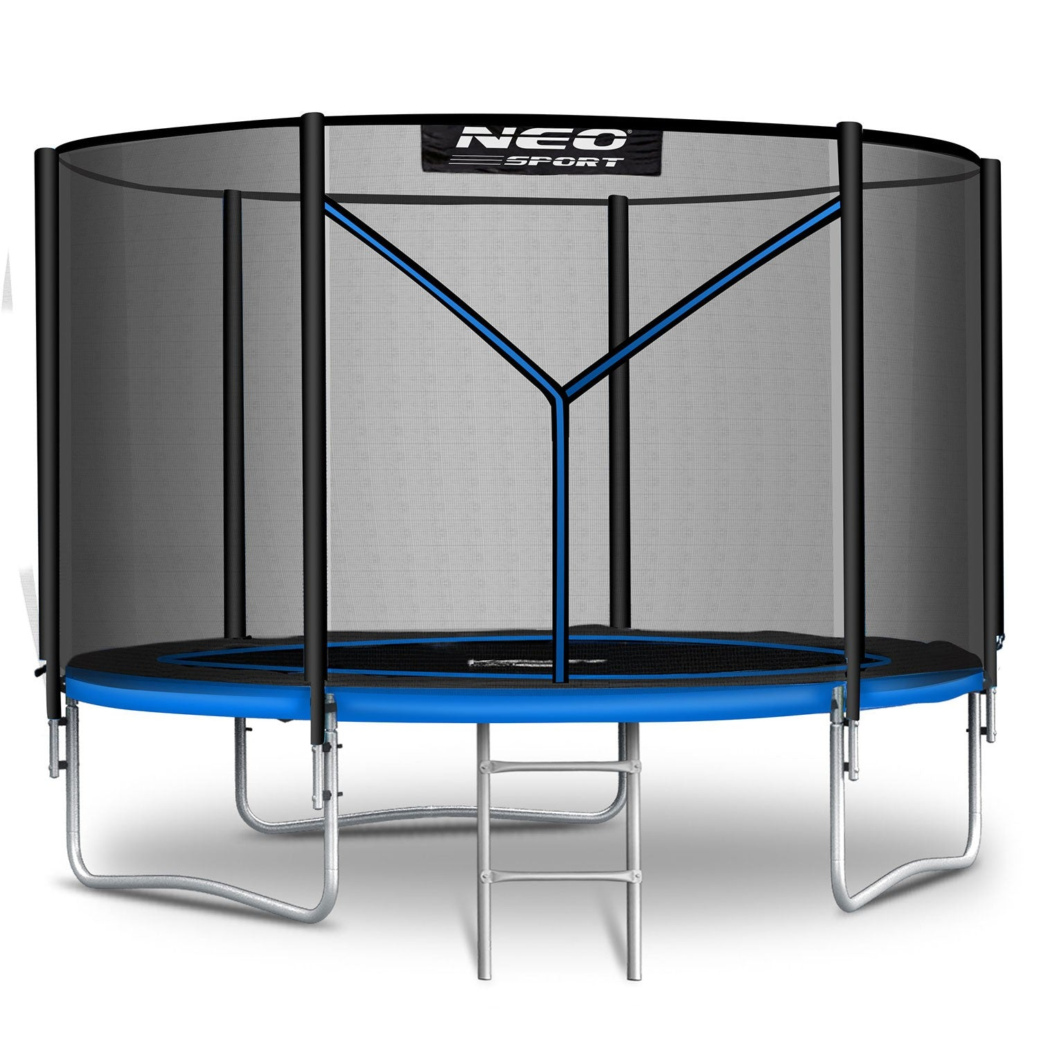 Un trampolín con red de seguridad negra y detalles azules. Tiene una superficie de salto negra y azul, y una escalera plateada.