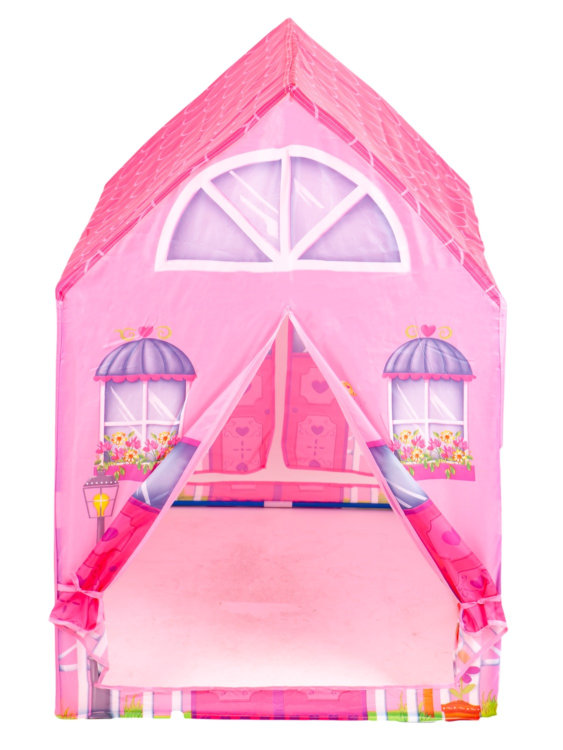Una carpa de casa de juegos rosa con diseño de casa. Tiene techo, ventanas y entrada abierta. Flores decoran las ventanas.