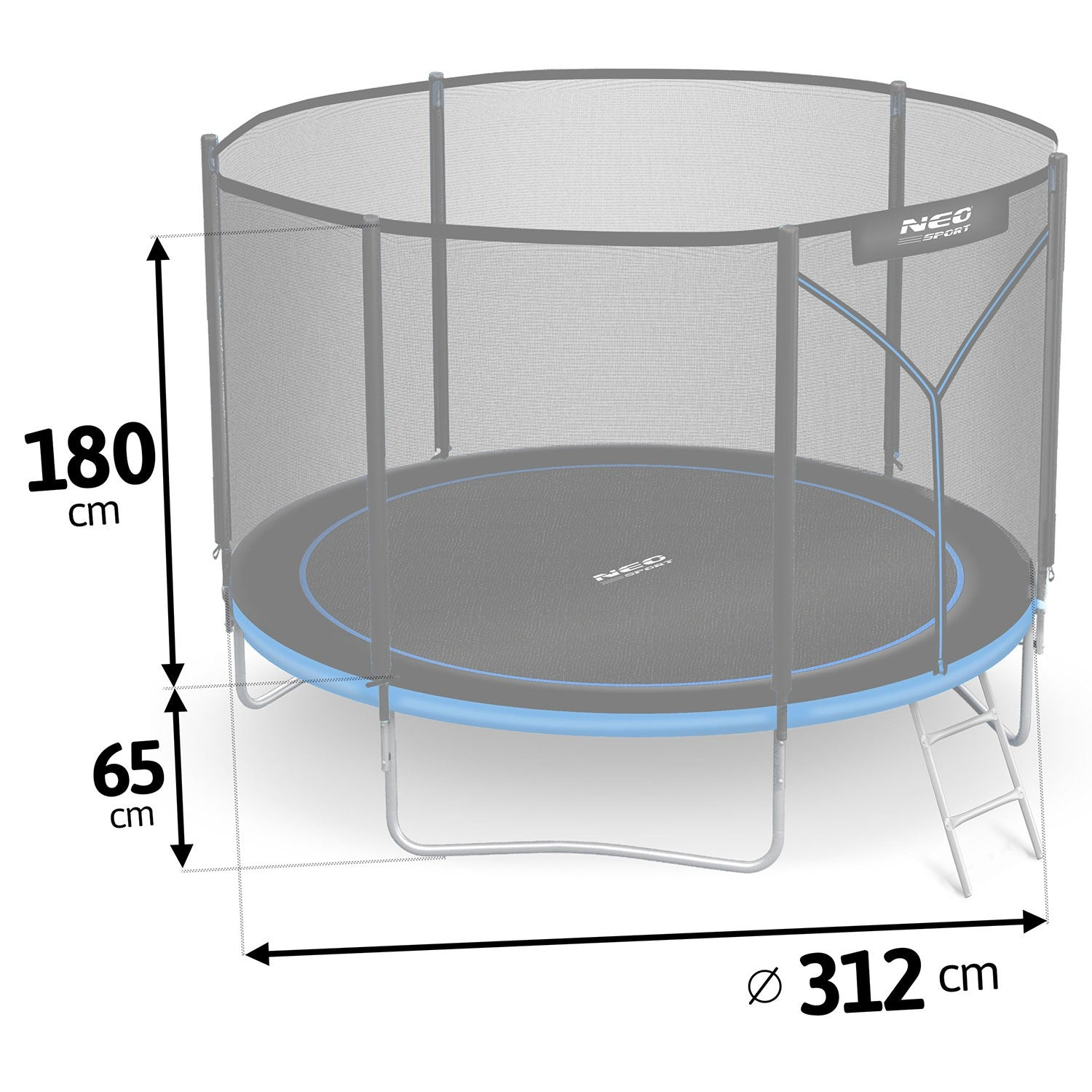 Un trampolín con red de seguridad. El diámetro es 312 cm, la altura 180 cm y las patas 65 cm. El marco es negro y azul.