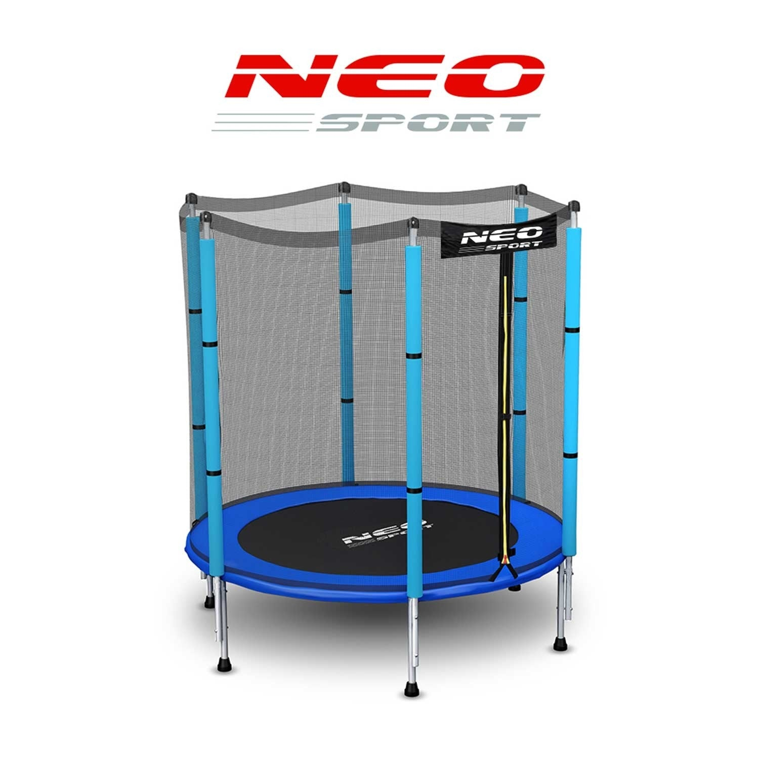 Un trampolín NEO Sport azul y negro. Tiene una red de seguridad, postes de soporte azules y el logotipo NEO Sport arriba.