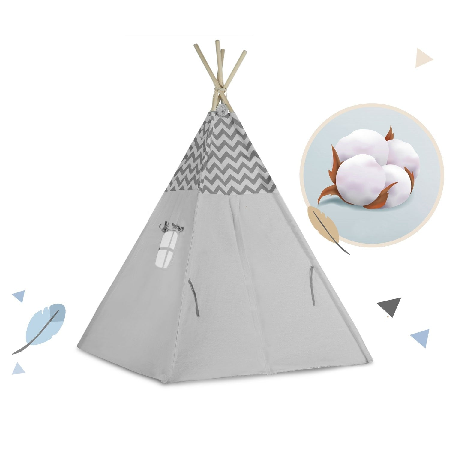 Una tienda de campaña tipi gris con un patrón en zigzag, ilustración de algodón en un círculo y plumas decorativas sobre fondo blanco.