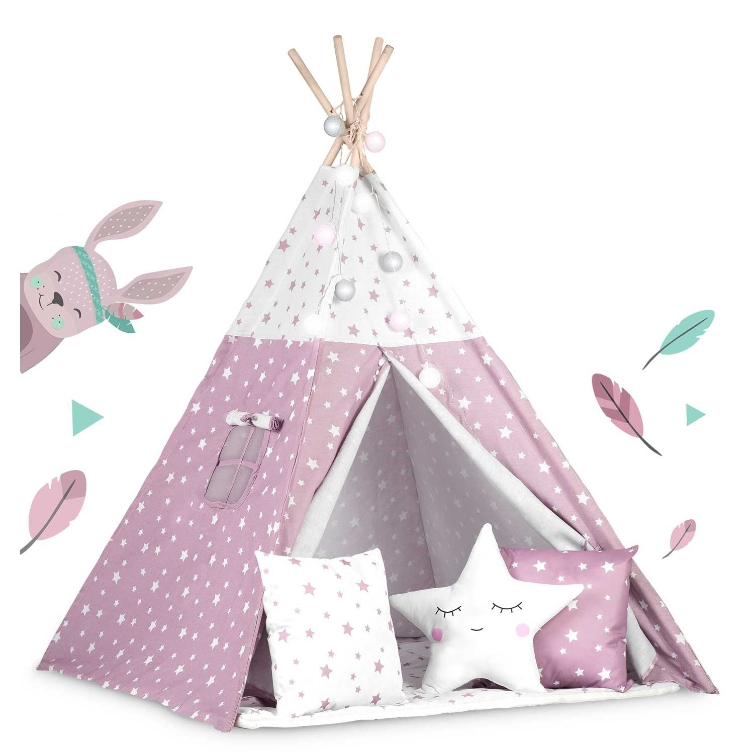 Una tienda tipi rosa con estrellas blancas, almohadas y una almohada en forma de estrella. Un conejo de dibujos animados asoma por un lado con plumas.