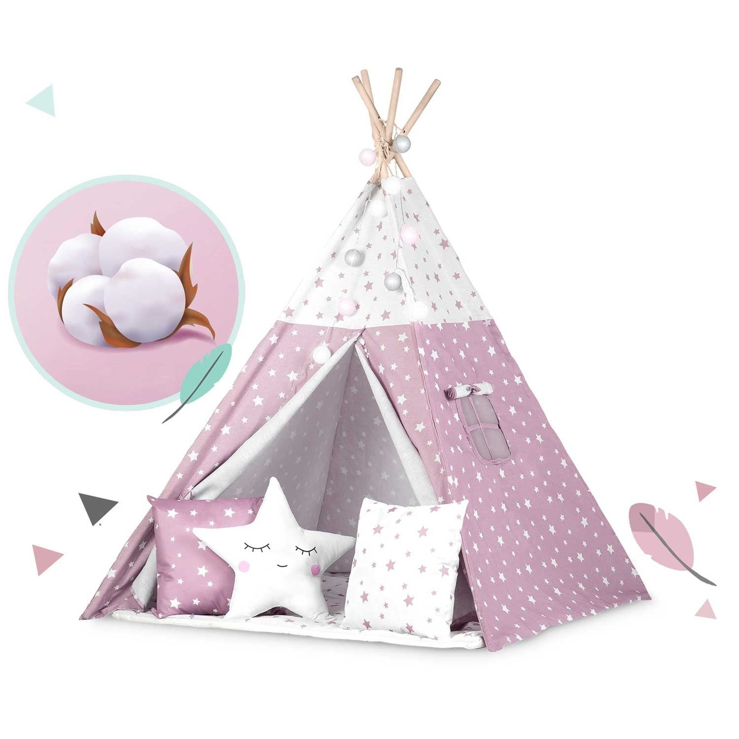 Una tienda tipi rosa con estrellas blancas, dentro almohadas. Una almohada en forma de estrella está al frente. Ilustración de algodón a la izquierda.