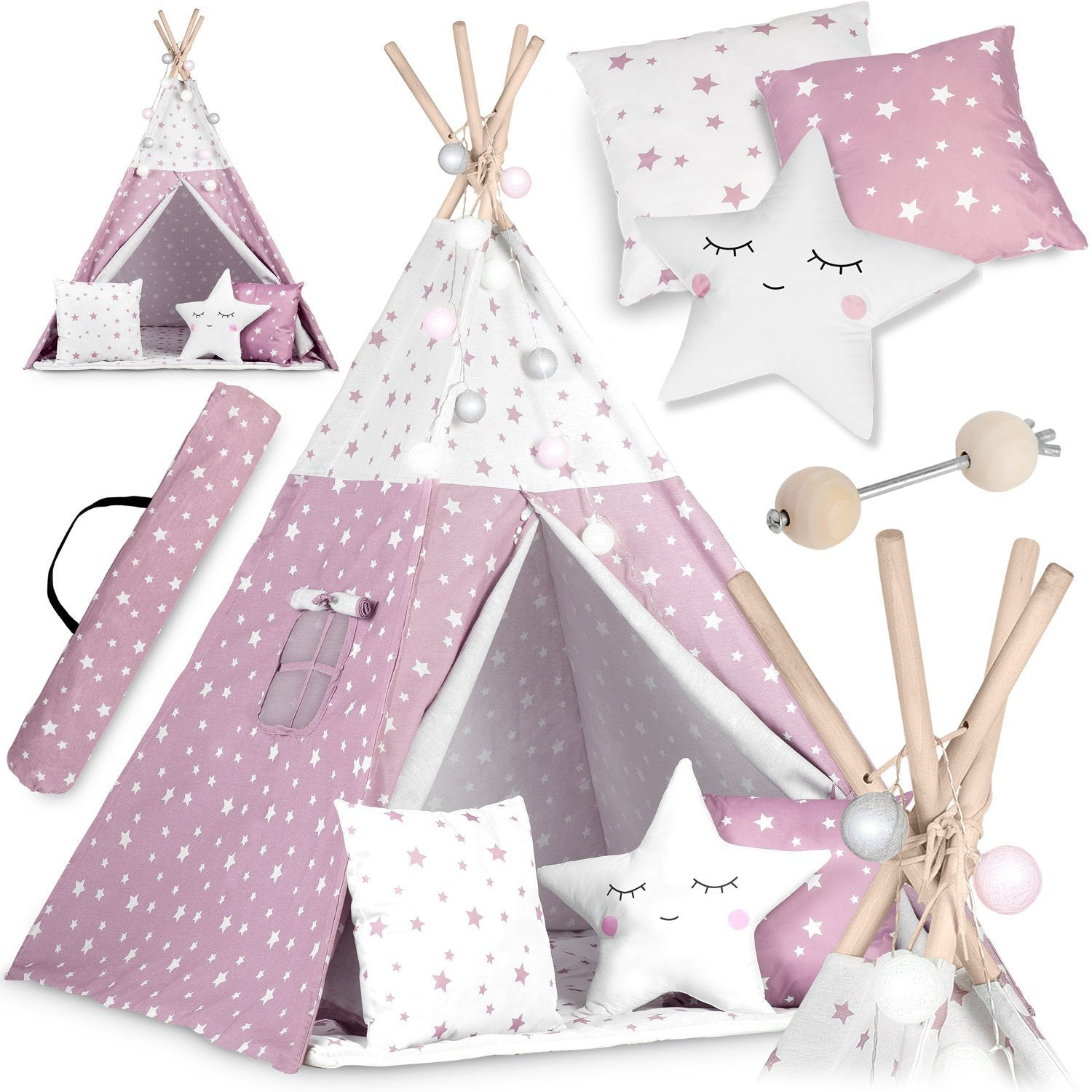 Un tipi rosa y blanco con patrones de estrellas, almohadas y una almohada en forma de estrella. También hay postes de madera y luces decorativas.