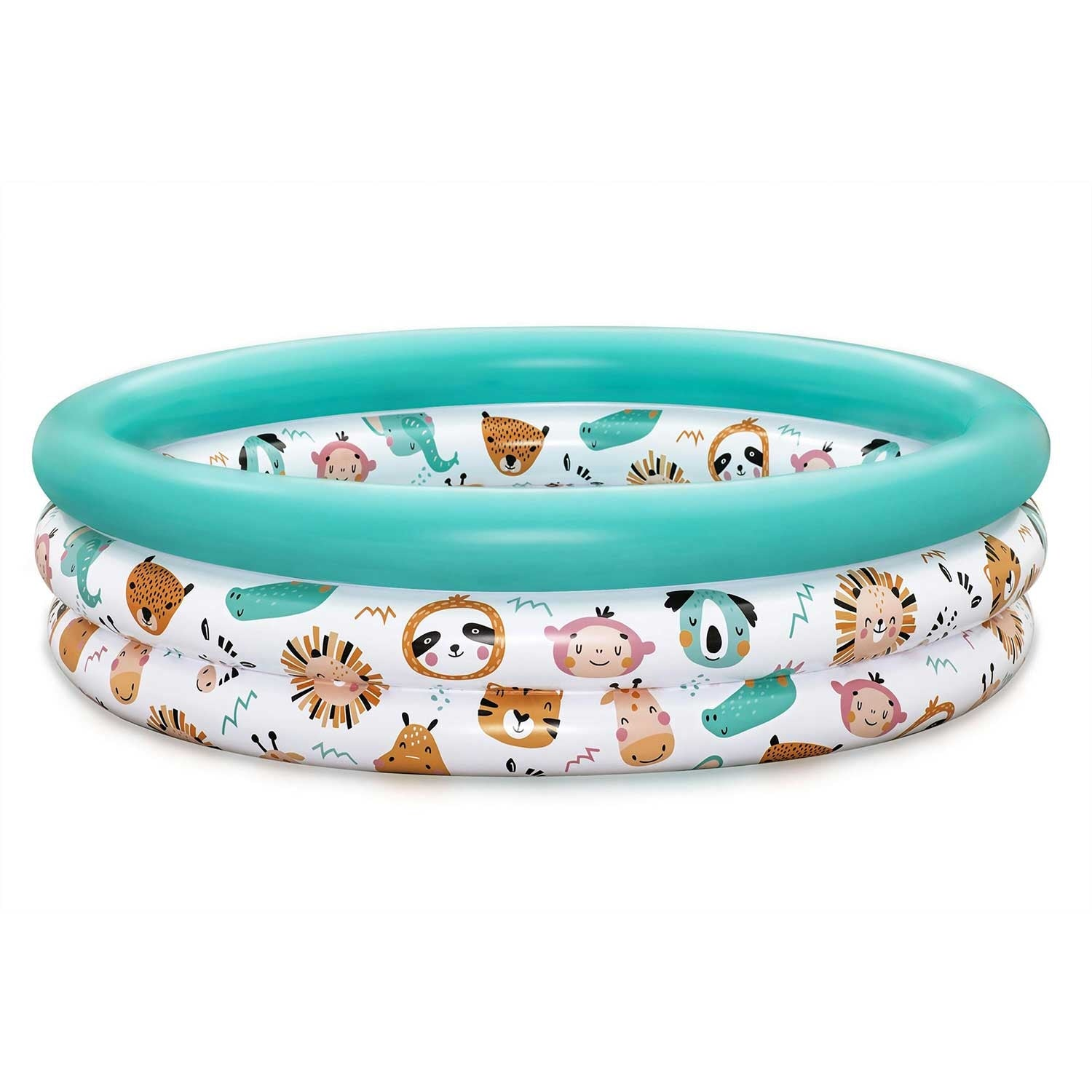 Una piscina inflable con anillo superior verde azulado y caras de animales en los lados blancos.