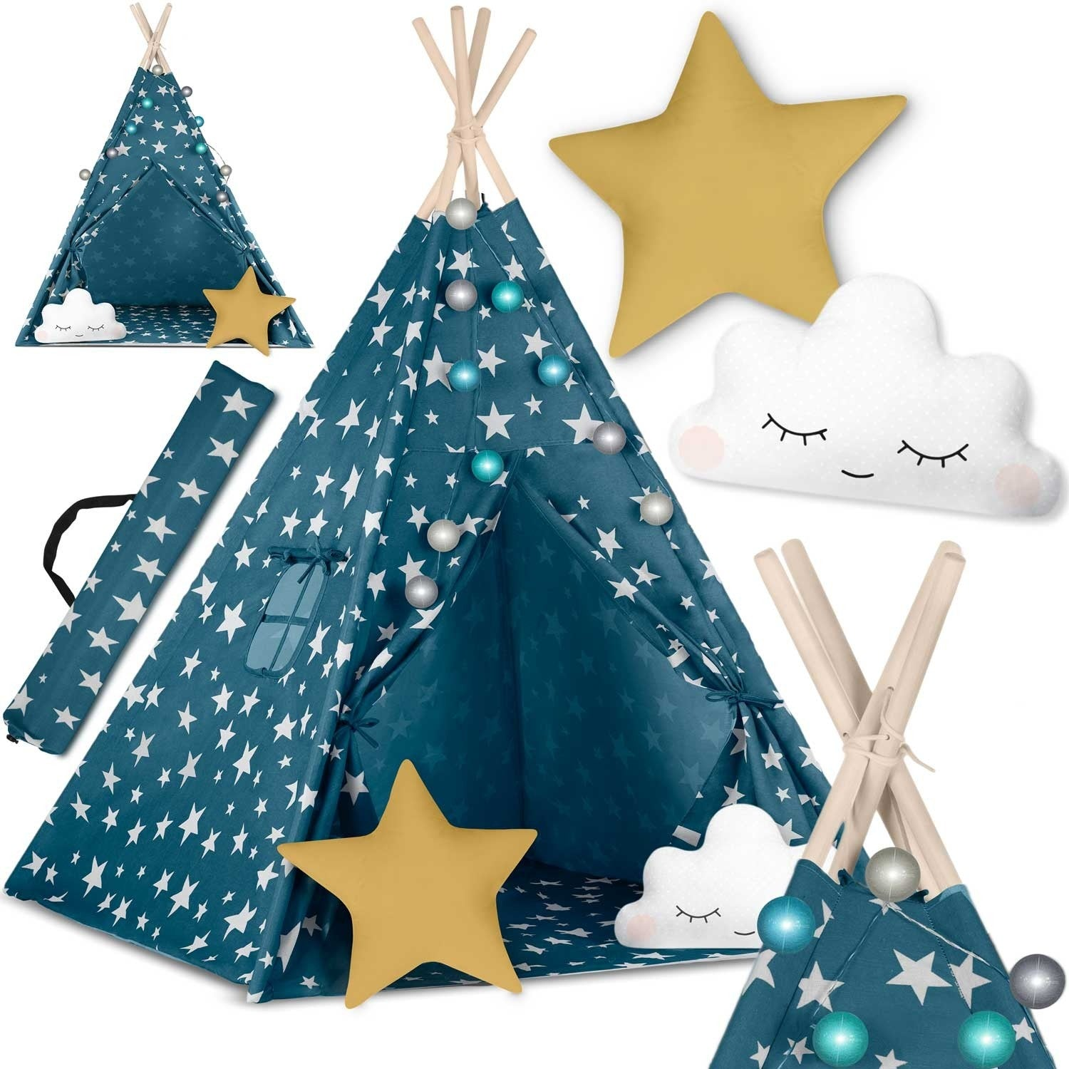 Un tipi azul con estrellas blancas, una almohada en forma de estrella amarilla, una almohada en forma de nube blanca y postes de madera.