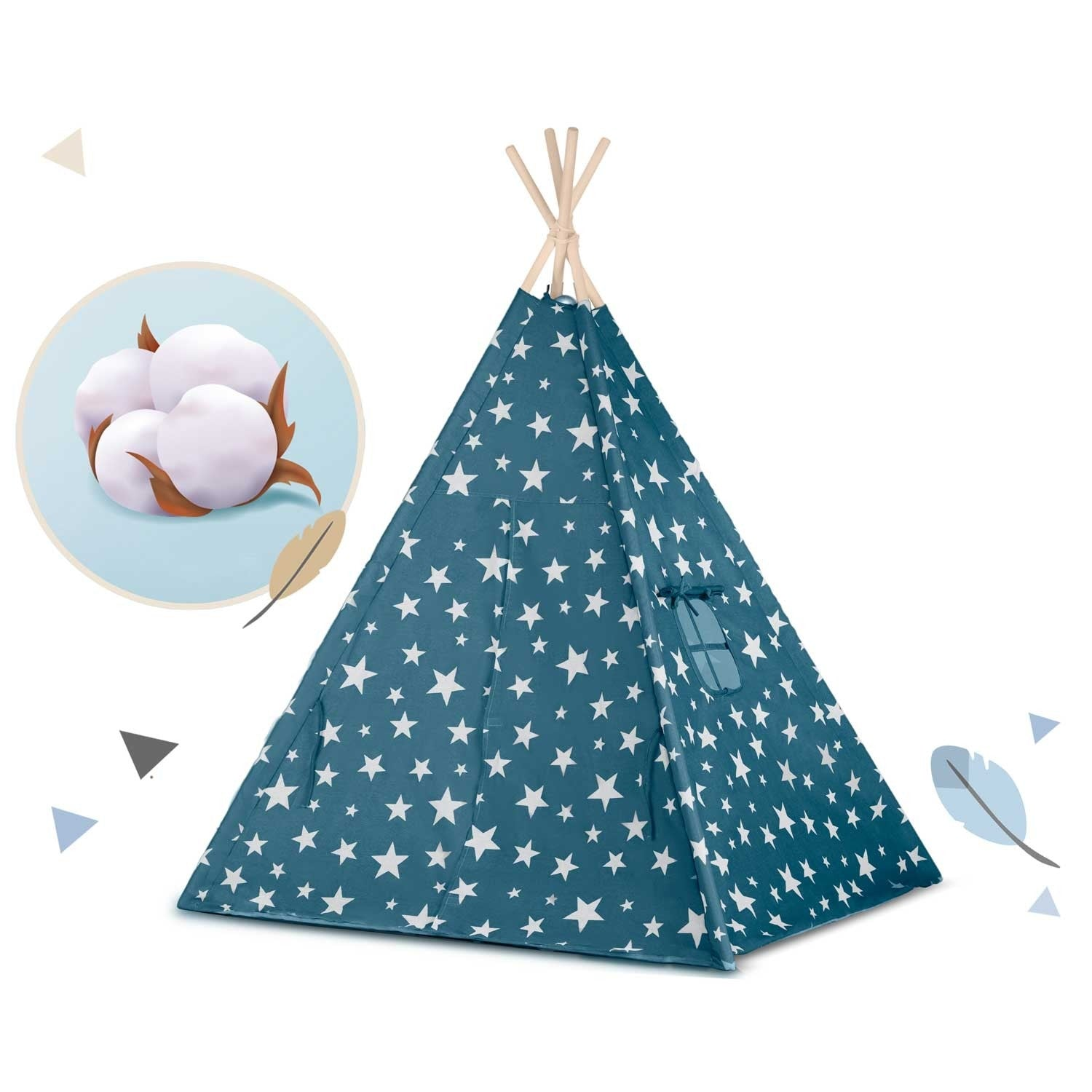 Un tipi azul verdoso con estrellas blancas sobre blanco. Un gráfico de algodón a la izquierda. Postes de madera sostienen la tienda.