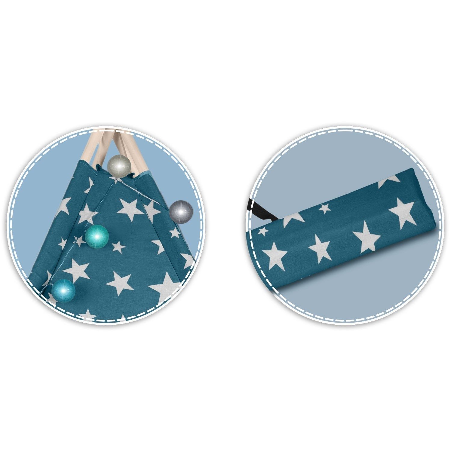 Una tienda tipi con estrellas blancas sobre un fondo verde azulado y una almohada a juego. Hay bolas decorativas dentro de la tienda.