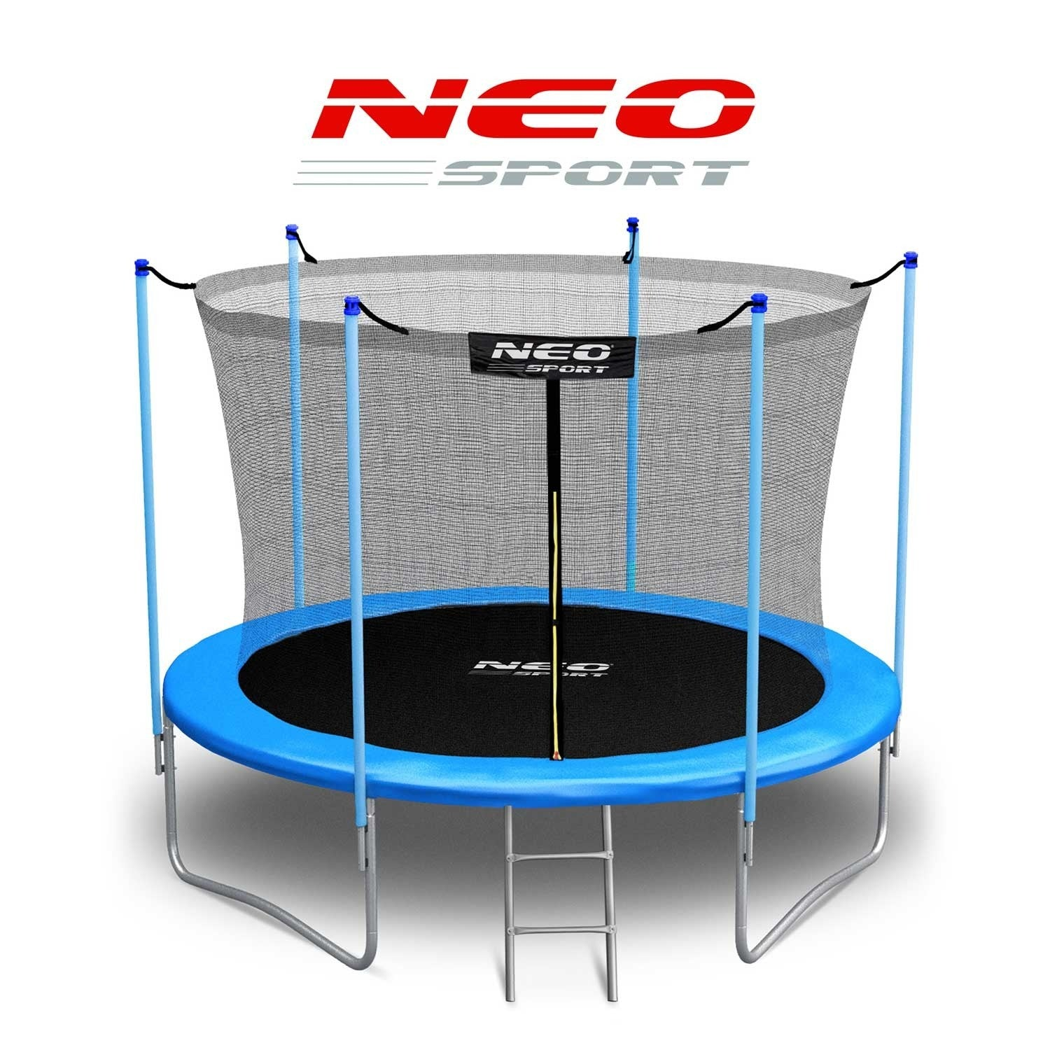 Un trampolín azul con superficie de salto negra y red de seguridad. La marca NEO SPORT está arriba.