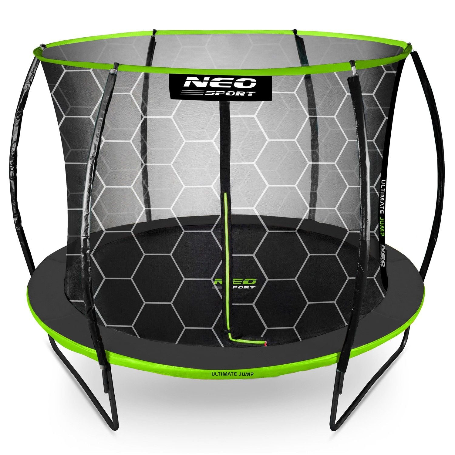Un trampolín redondo con superficie de salto negra, red de seguridad y detalles verdes. La marca es NEO Sport.