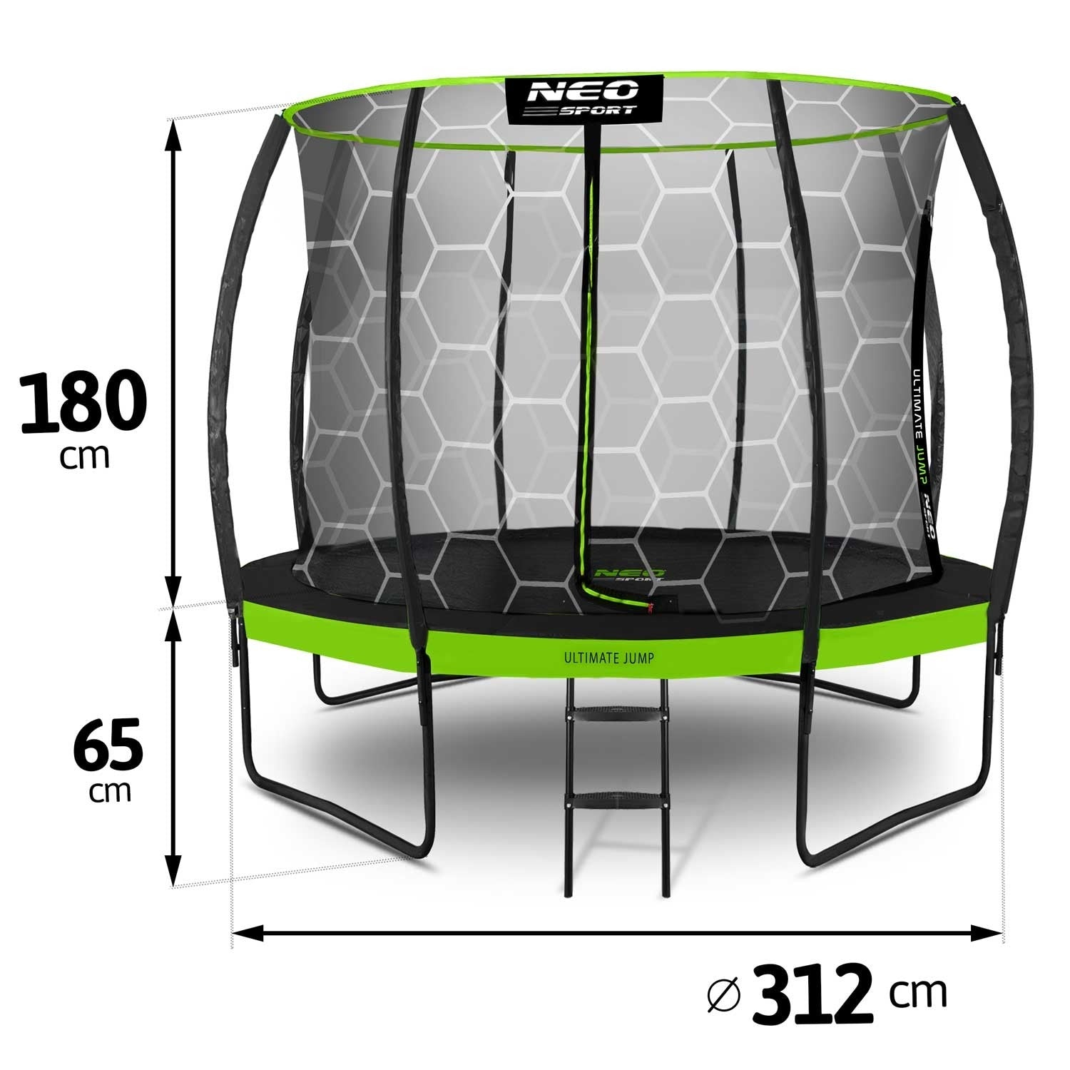 Un trampolín con marco negro, detalles verdes y red de seguridad. Dimensiones: 180 cm alto, 65 cm base, y 312 cm diámetro.