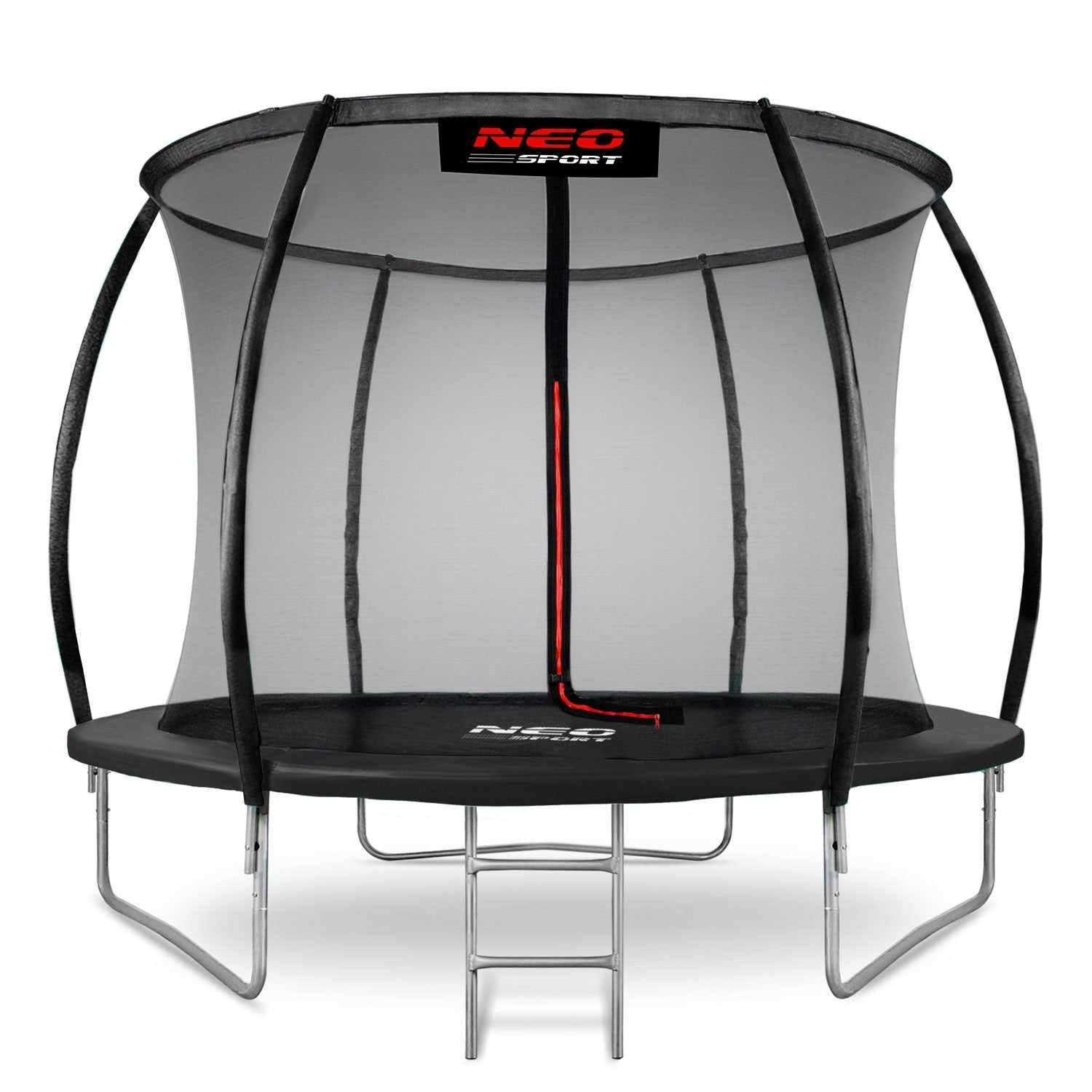 Un trampolín negro NEO Sport con red de seguridad. Tiene una escalera y una franja roja en el medio.