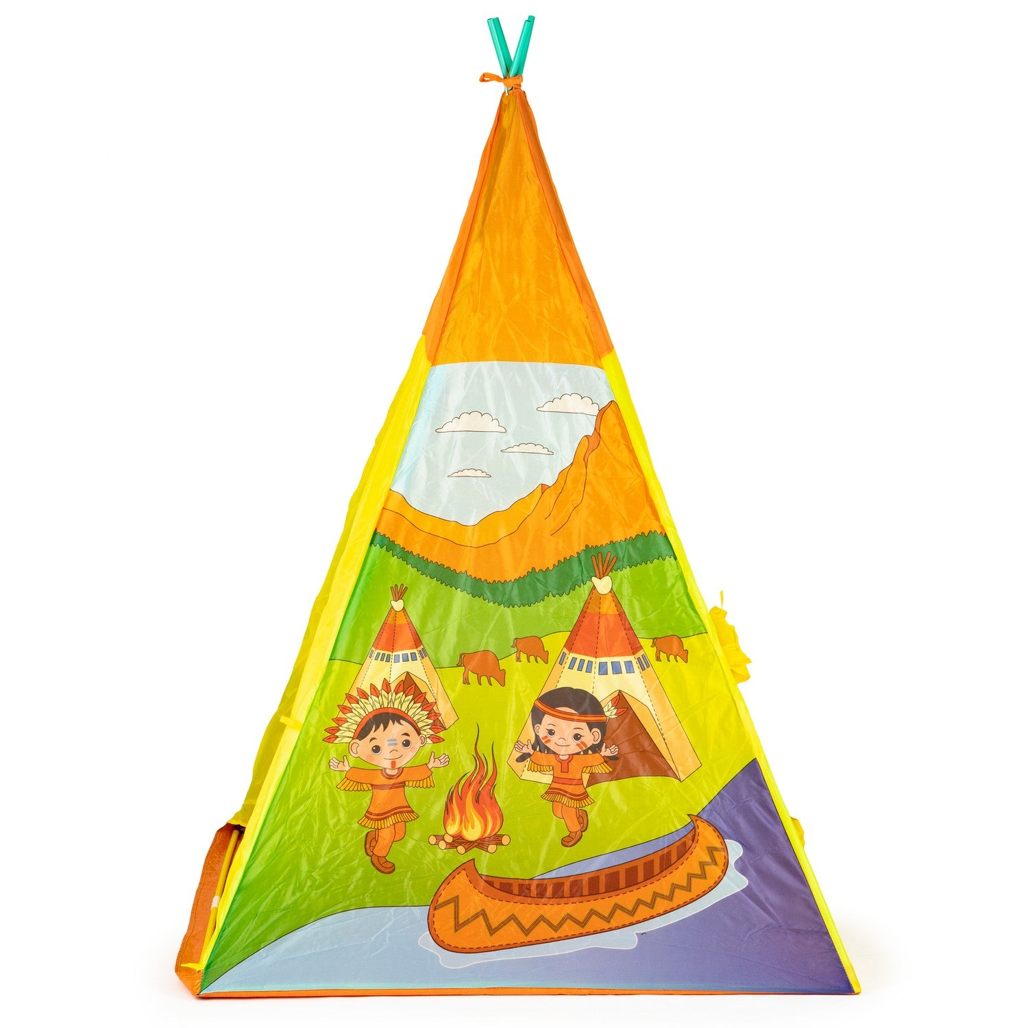 Un tipi colorido con ilustraciones de nativos americanos. Presenta una fogata, una canoa y figuras de dibujos animados, ambientadas en un paisaje con montañas.
