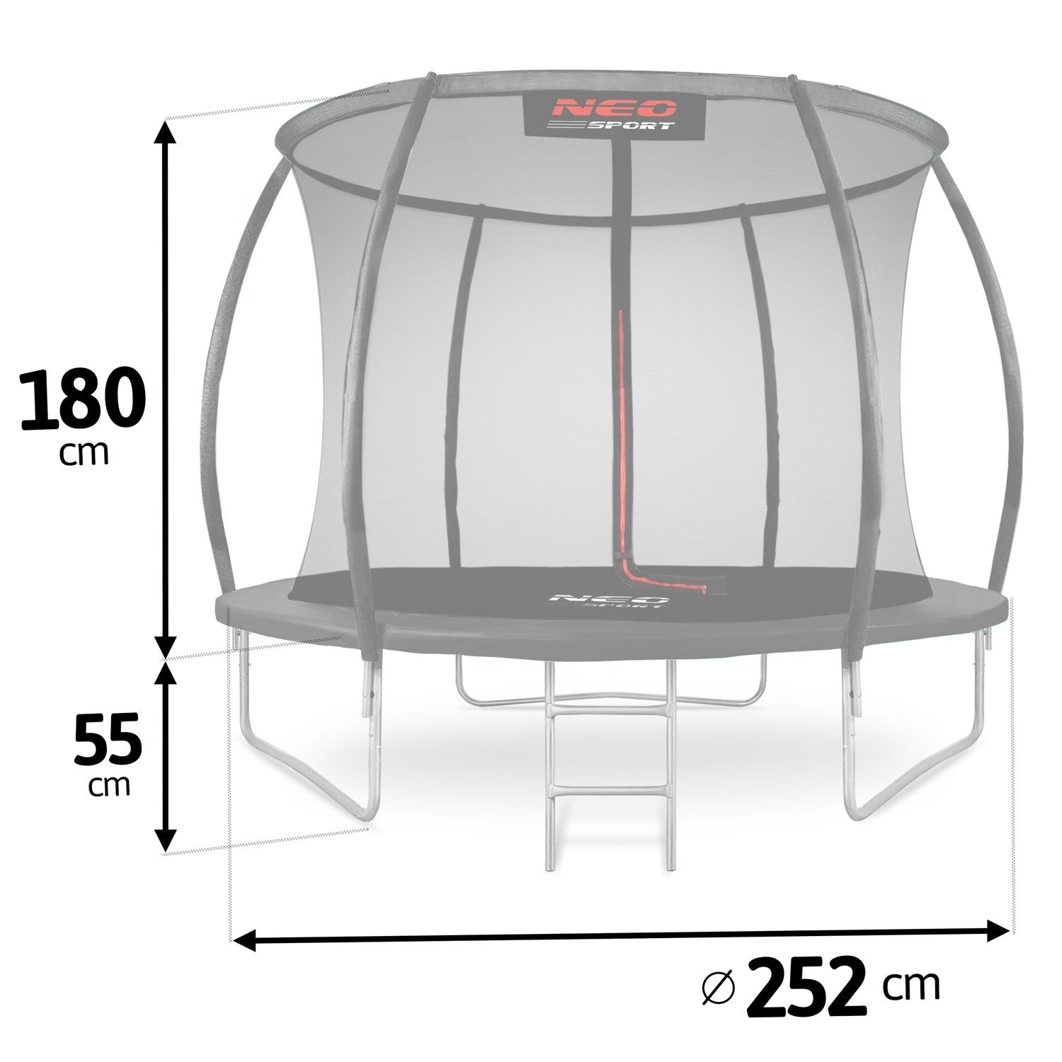 Un trampolín con red de seguridad. Dimensiones: 180 cm de altura, 55 cm de base, 252 cm de diámetro. Marca: NEO SPORT. Gris y negro.