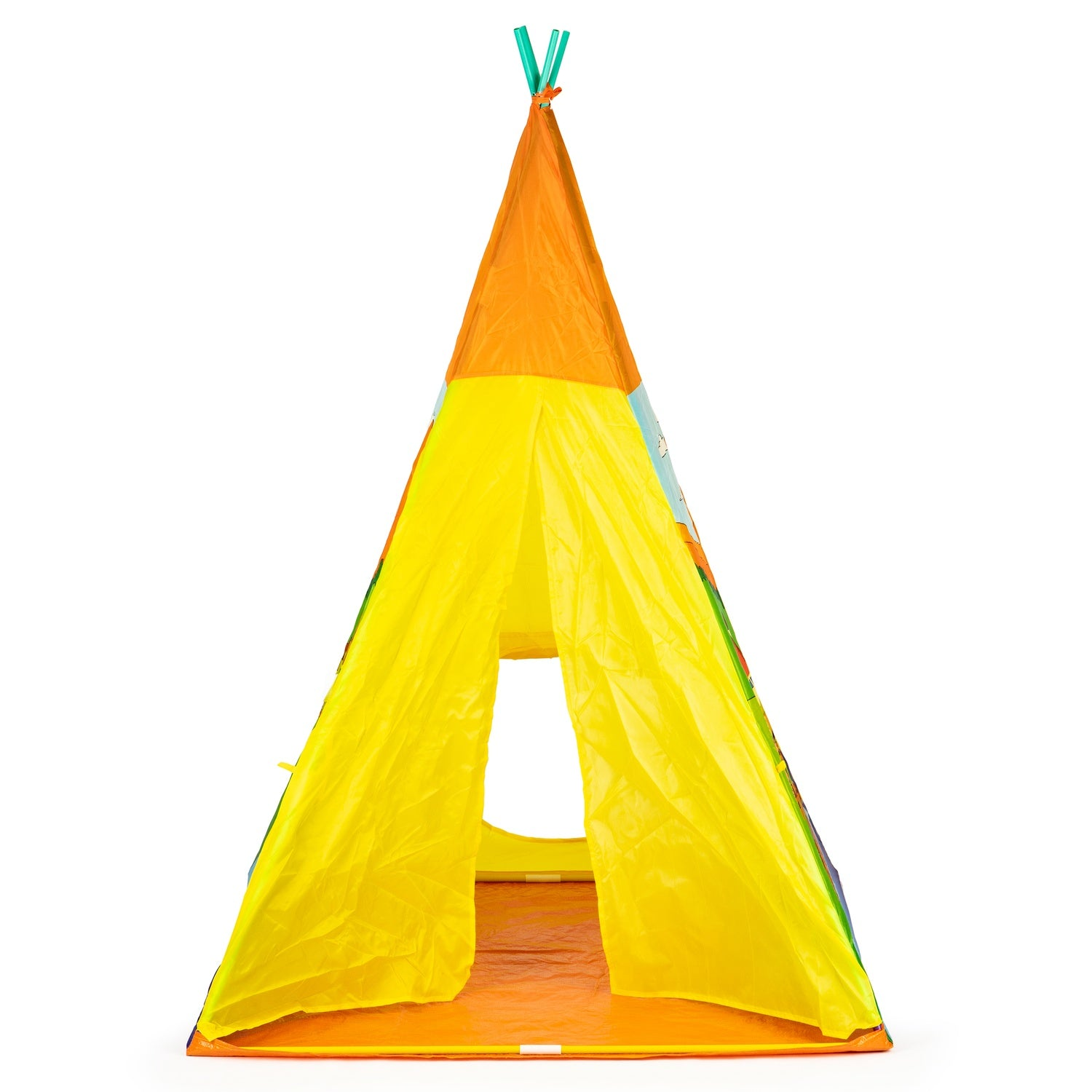 Una colorida tienda tipi sobre fondo blanco. La tienda es amarilla, naranja y verde, con una entrada abierta.